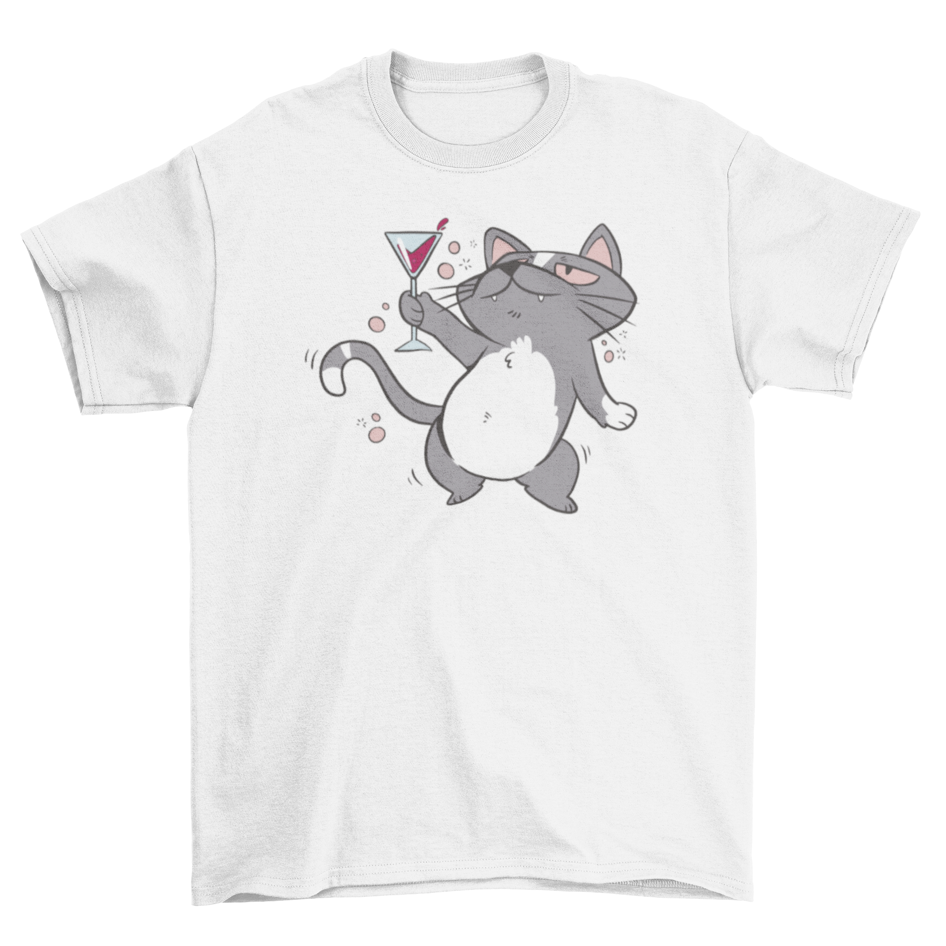 A humorous t-shirt featuring a cartoon cat holding a drink, looking tipsy and playful.