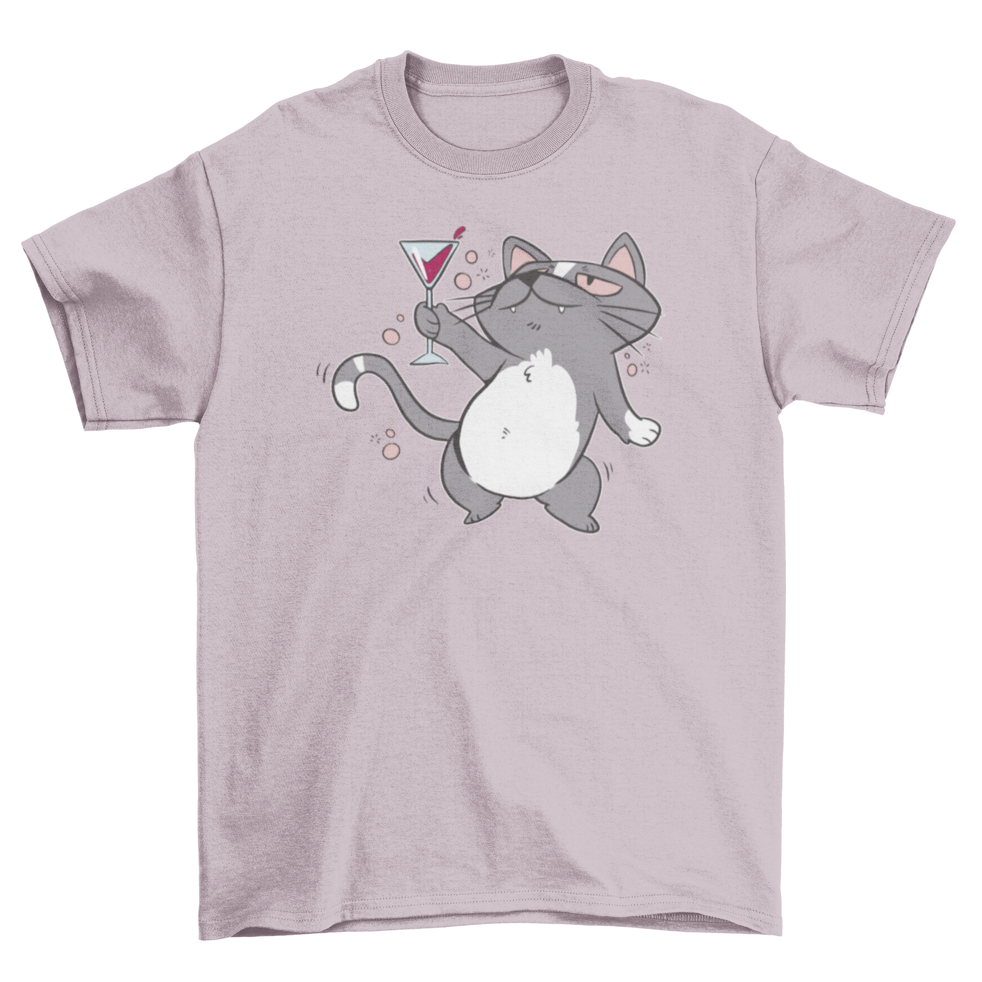 A humorous t-shirt featuring a cartoon cat holding a drink, looking tipsy and playful.