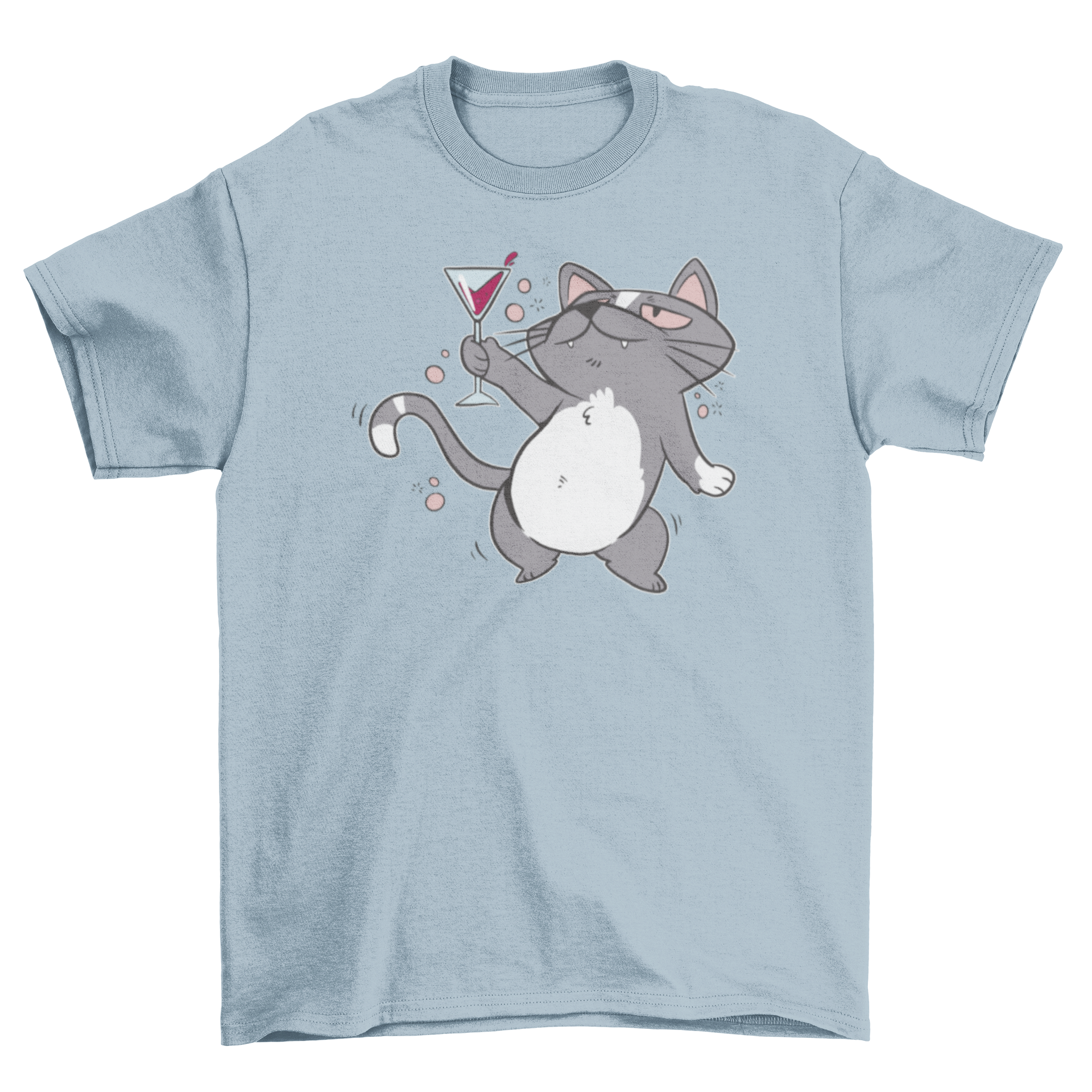 A humorous t-shirt featuring a cartoon cat holding a drink, looking tipsy and playful.