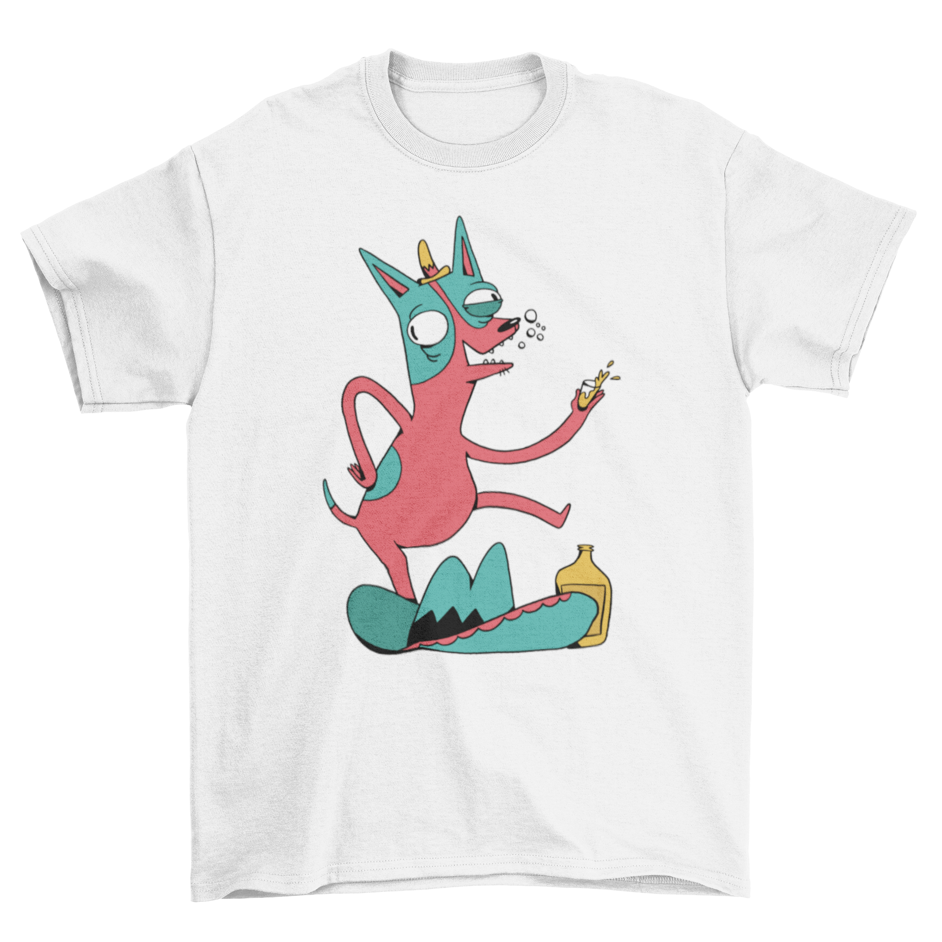 A humorous t-shirt featuring a dancing drunk chihuahua around a sombrero, perfect for dog lovers.