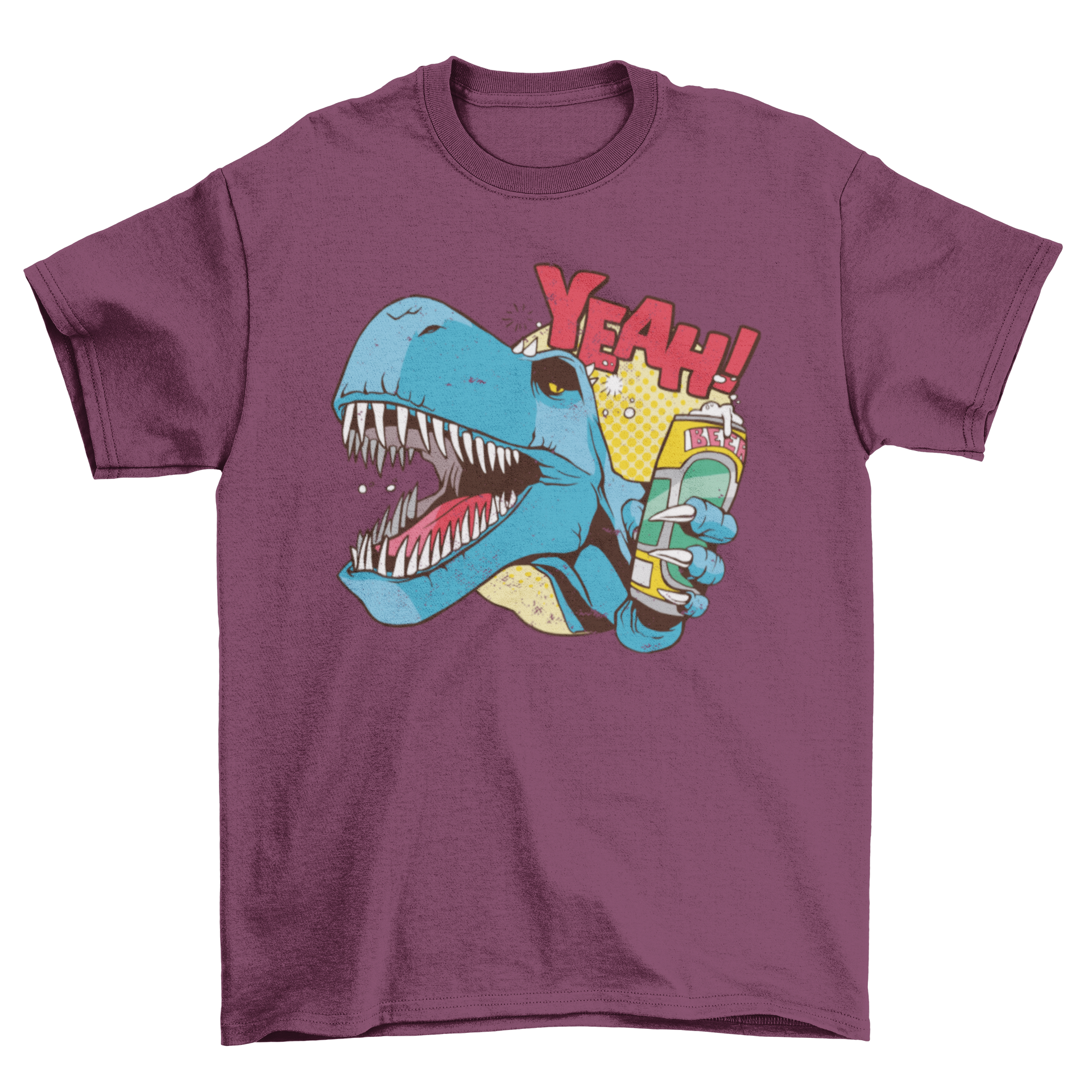 Drunk Dino T-shirt featuring a T-rex holding a beer can with the text 'YEAH!'