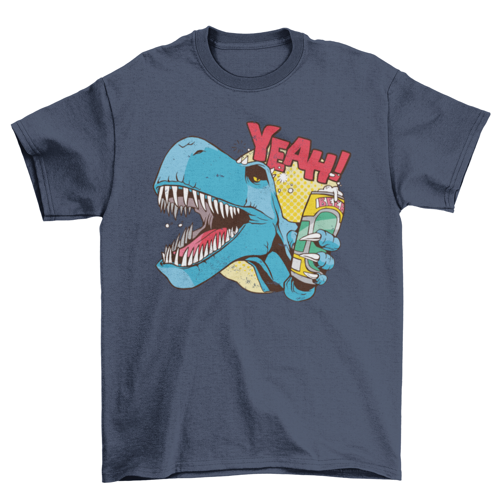 Drunk Dino T-shirt featuring a T-rex holding a beer can with the text 'YEAH!'