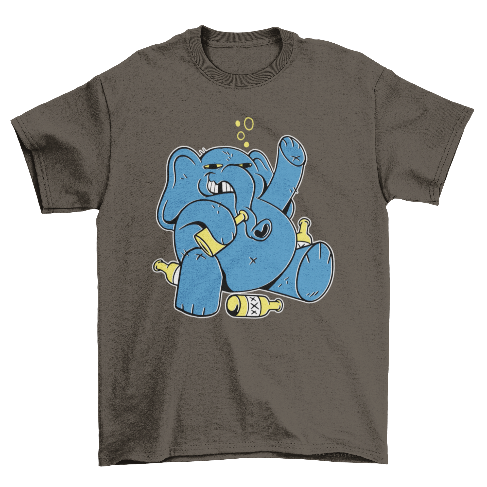 A colorful t-shirt featuring a cartoon elephant drinking from various bottles of alcohol, showcasing a fun and playful design.