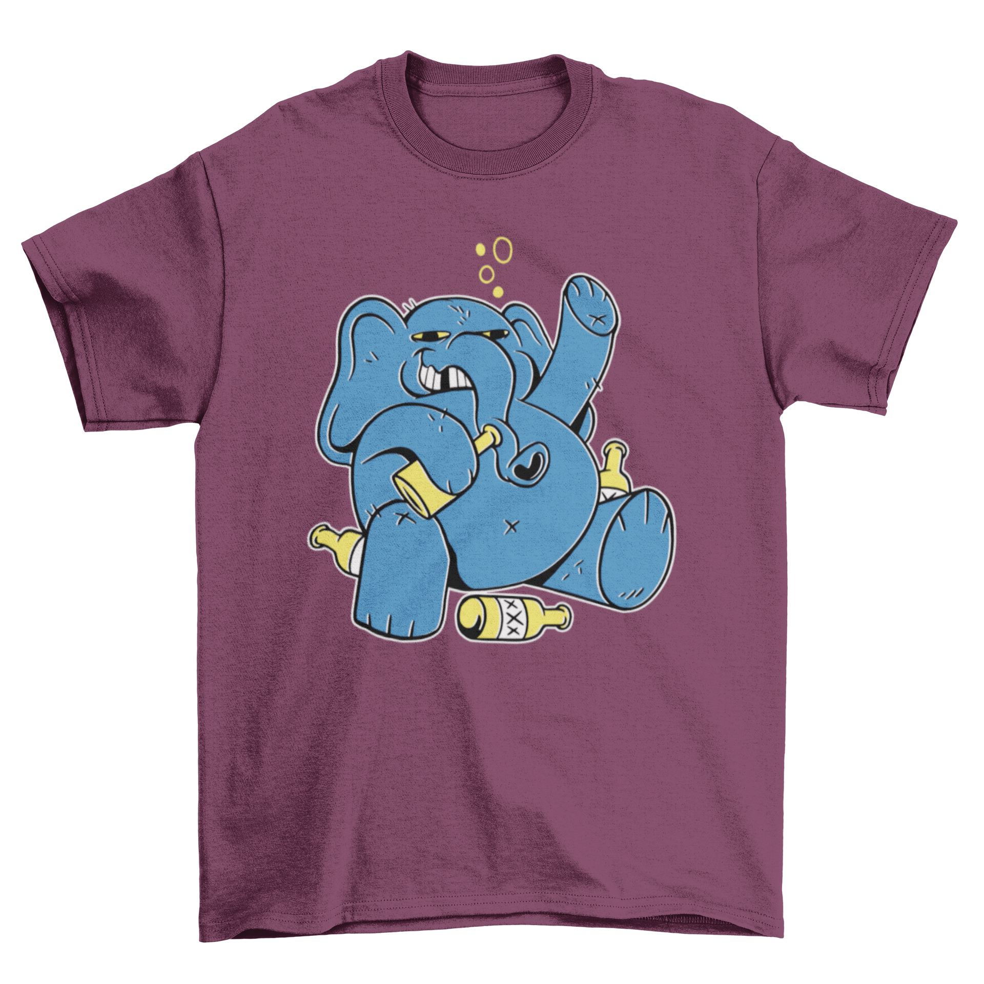 A colorful t-shirt featuring a cartoon elephant drinking from various bottles of alcohol, showcasing a fun and playful design.