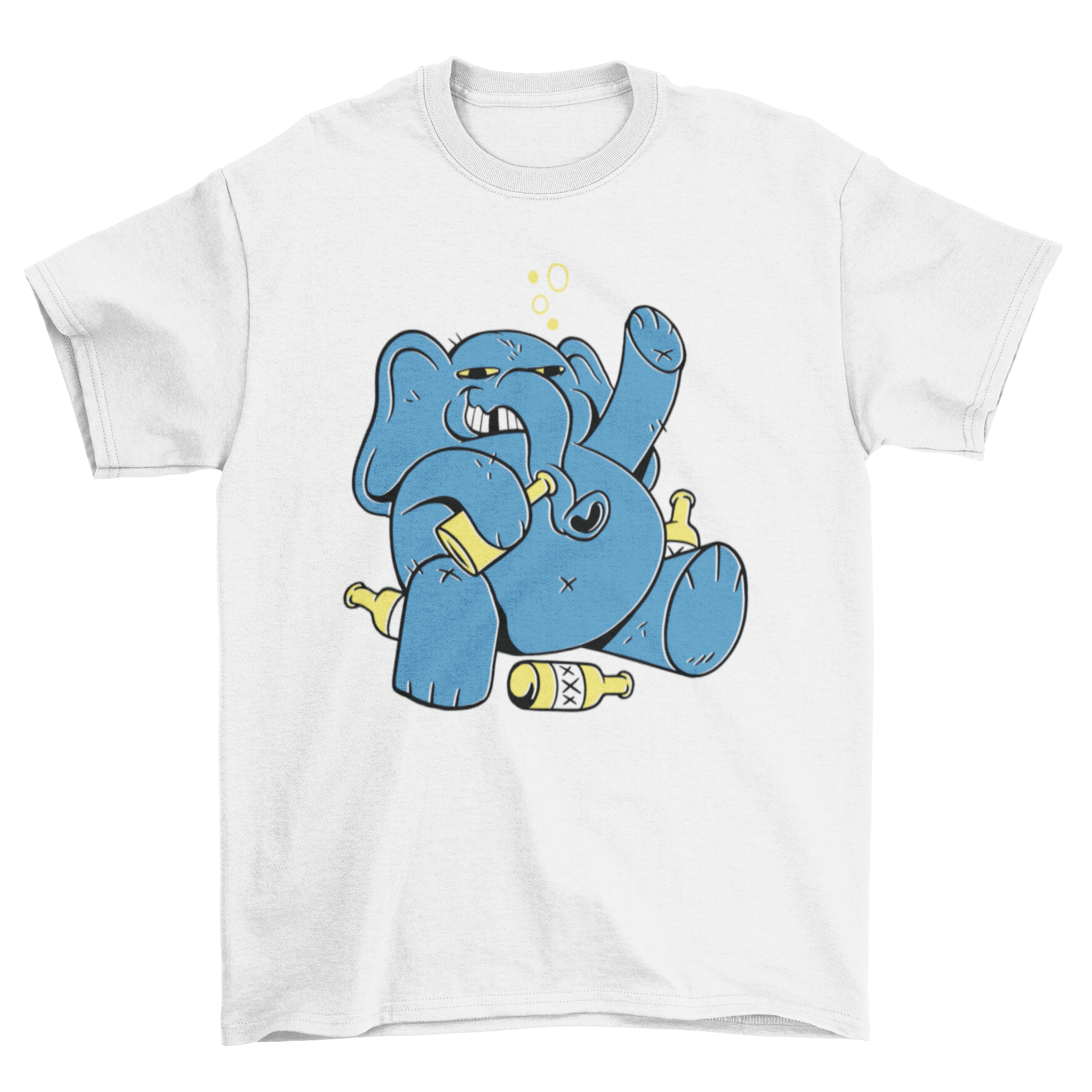 A colorful t-shirt featuring a cartoon elephant drinking from various bottles of alcohol, showcasing a fun and playful design.