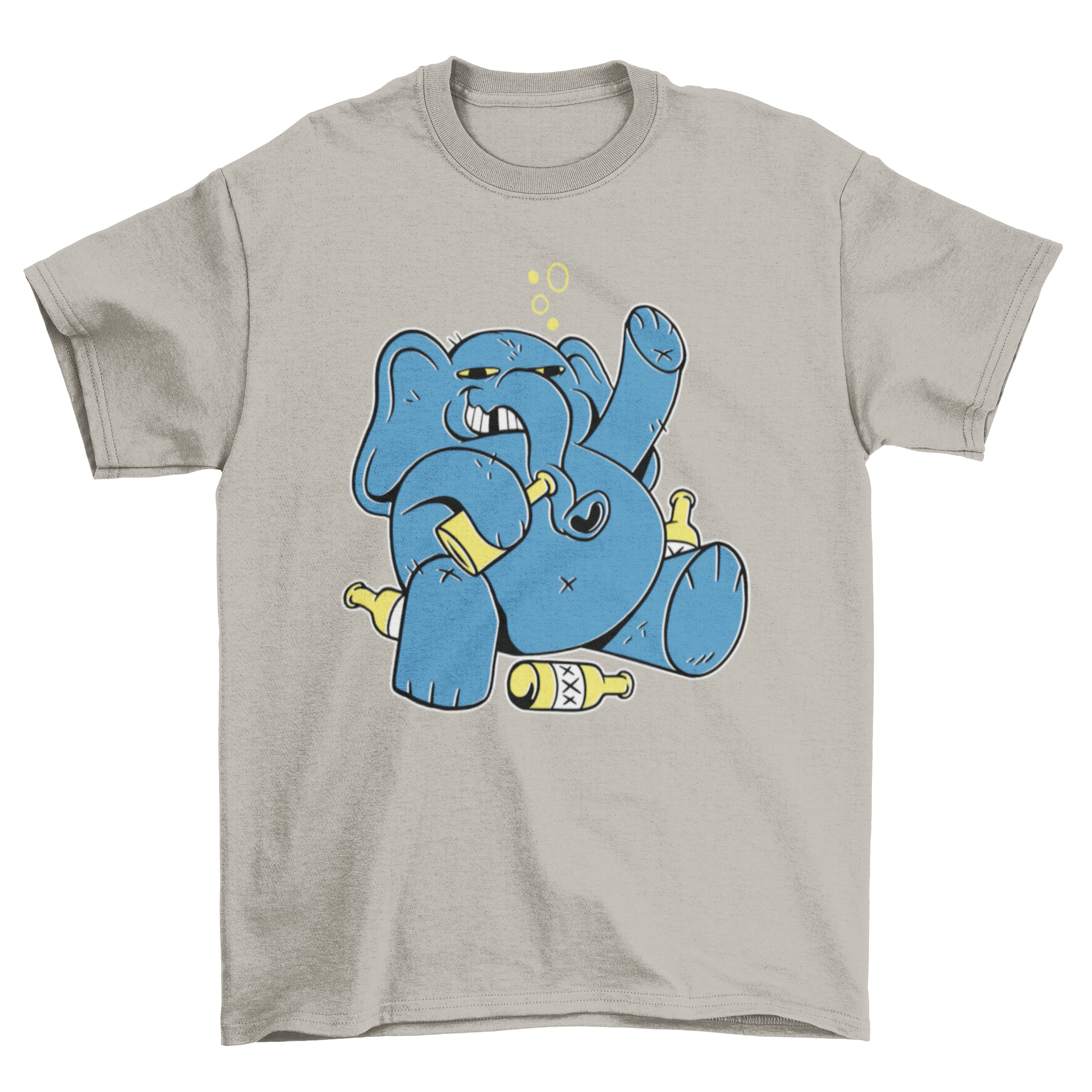 A colorful t-shirt featuring a cartoon elephant drinking from various bottles of alcohol, showcasing a fun and playful design.