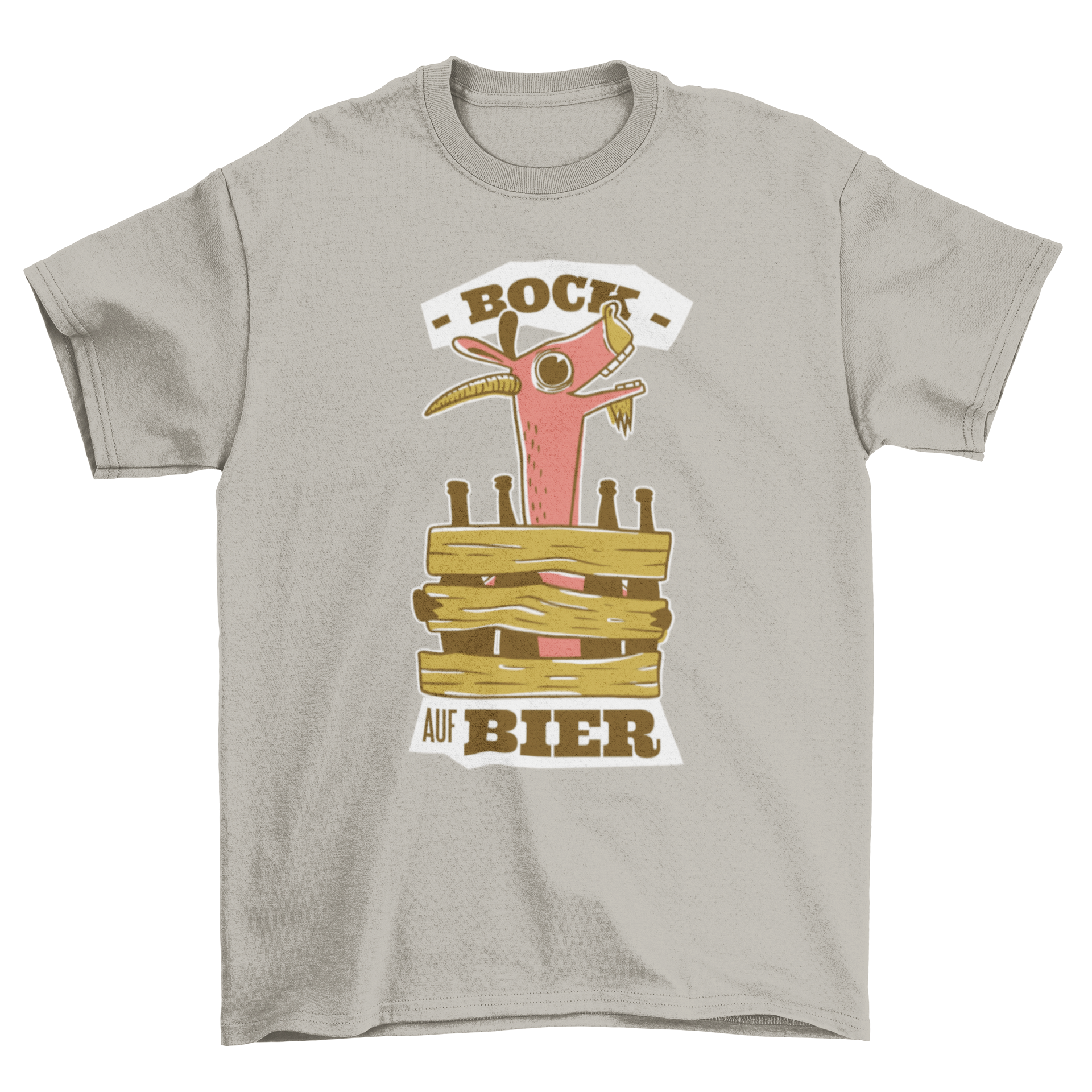 A humorous t-shirt featuring a drunken goat surrounded by beer bottles with the German quote 'Bock auf Bier'.