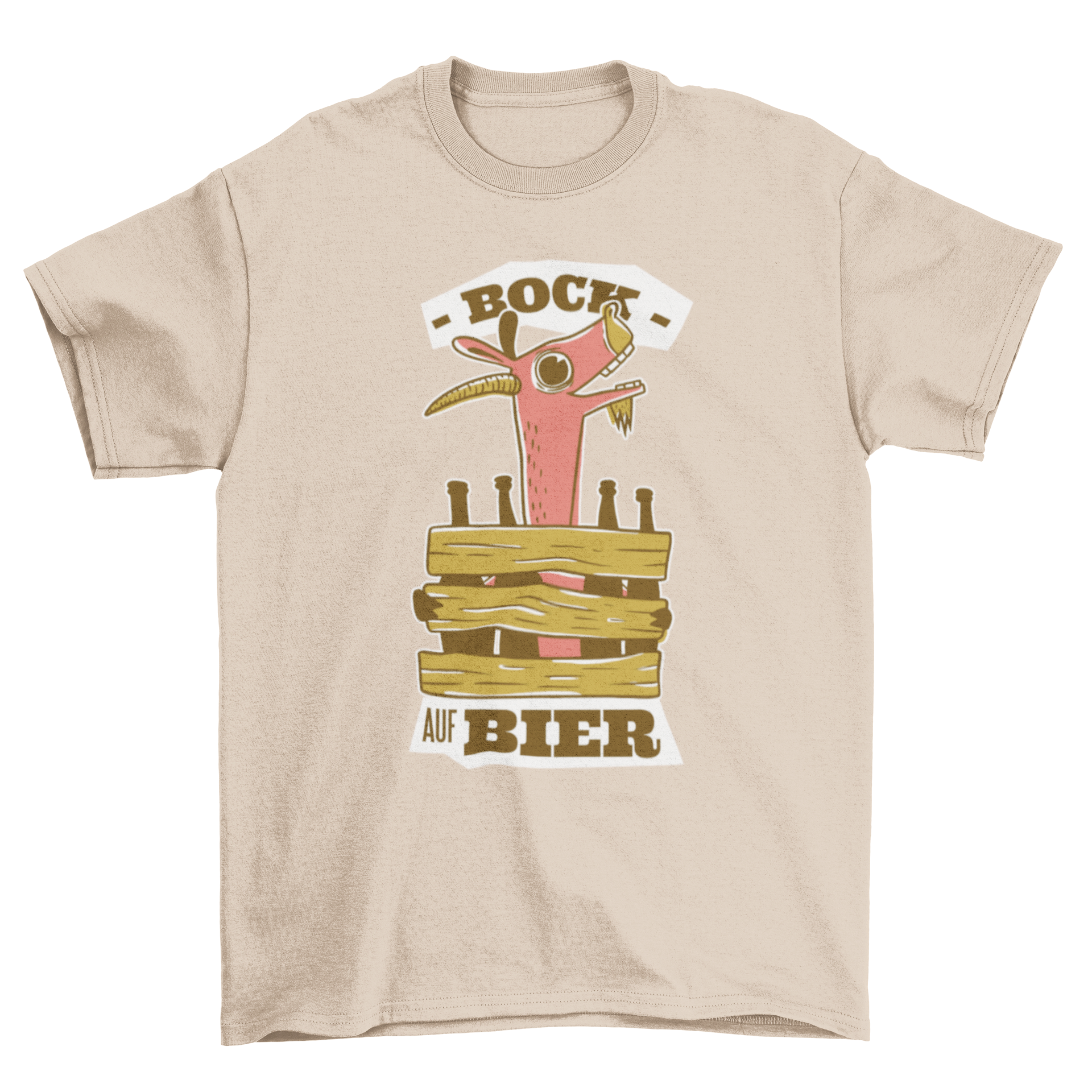 A humorous t-shirt featuring a drunken goat surrounded by beer bottles with the German quote 'Bock auf Bier'.