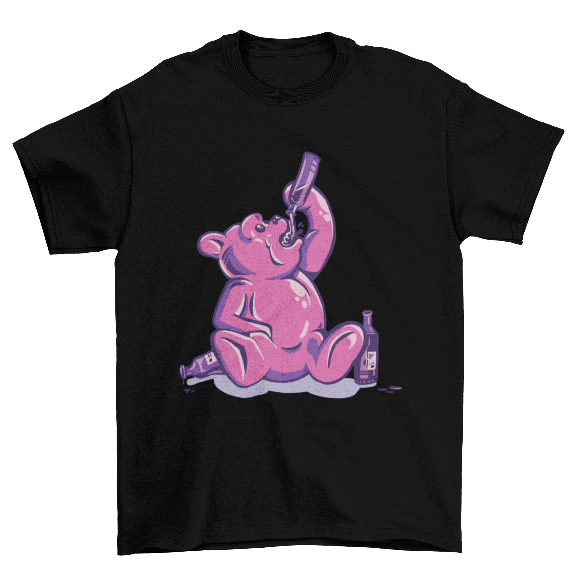 A humorous t-shirt featuring a colorful gummy bear drinking wine, perfect for casual wear.