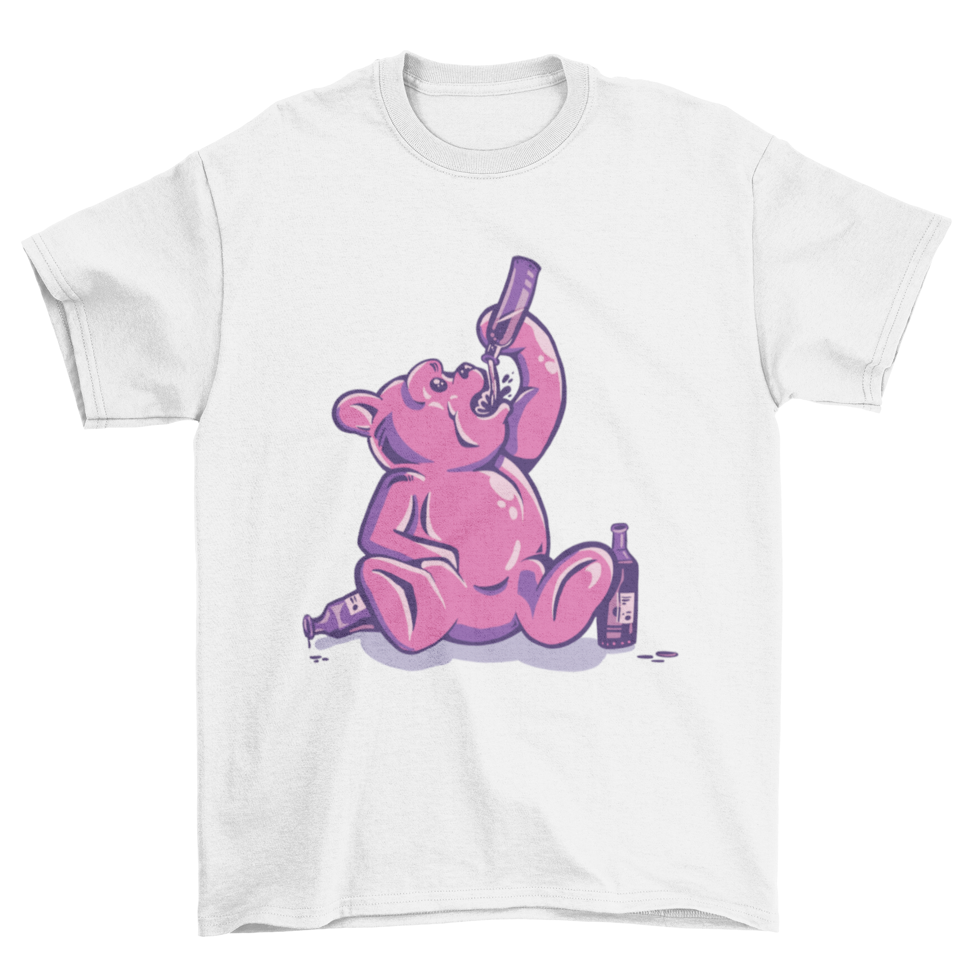 A humorous t-shirt featuring a colorful gummy bear drinking wine, perfect for casual wear.