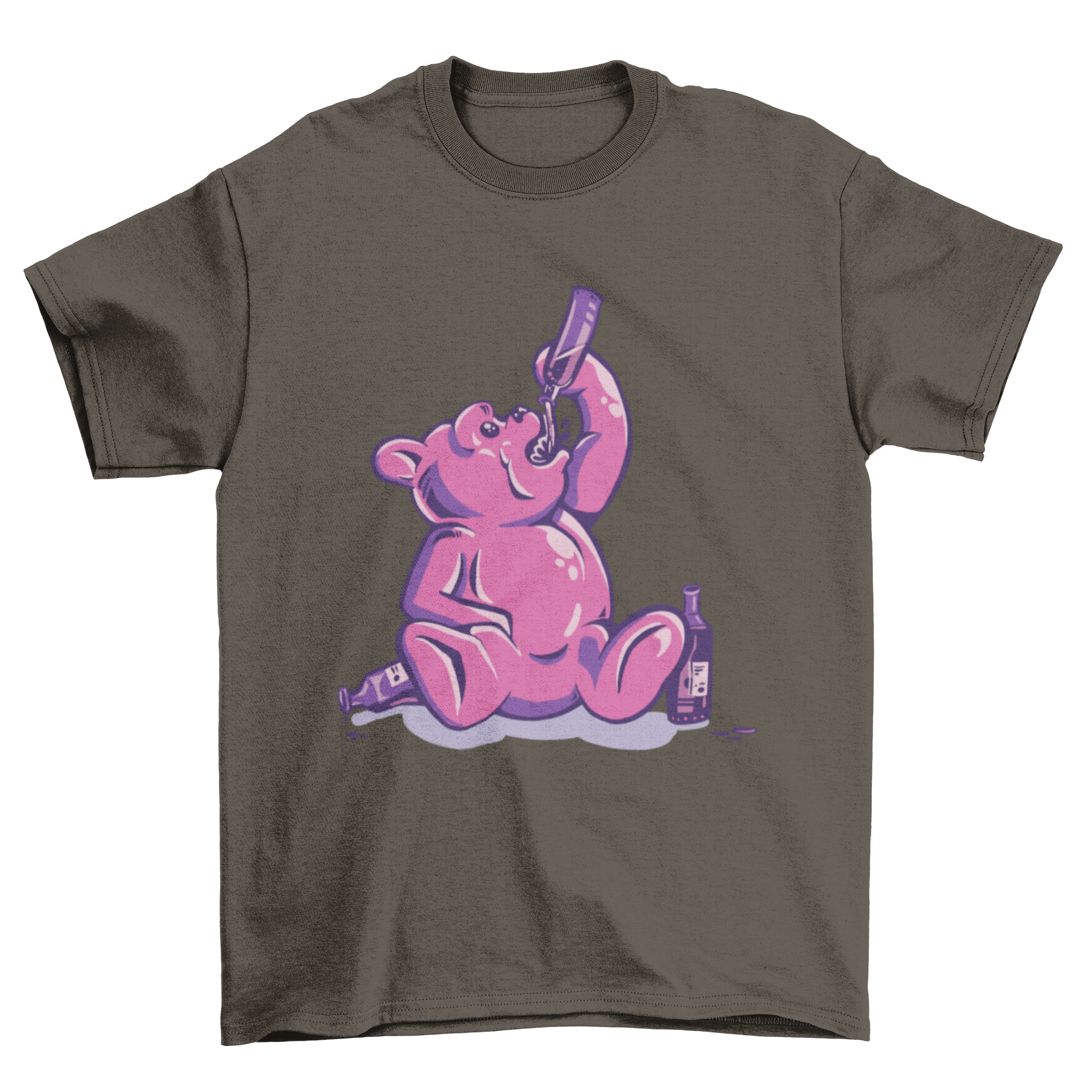 A humorous t-shirt featuring a colorful gummy bear drinking wine, perfect for casual wear.