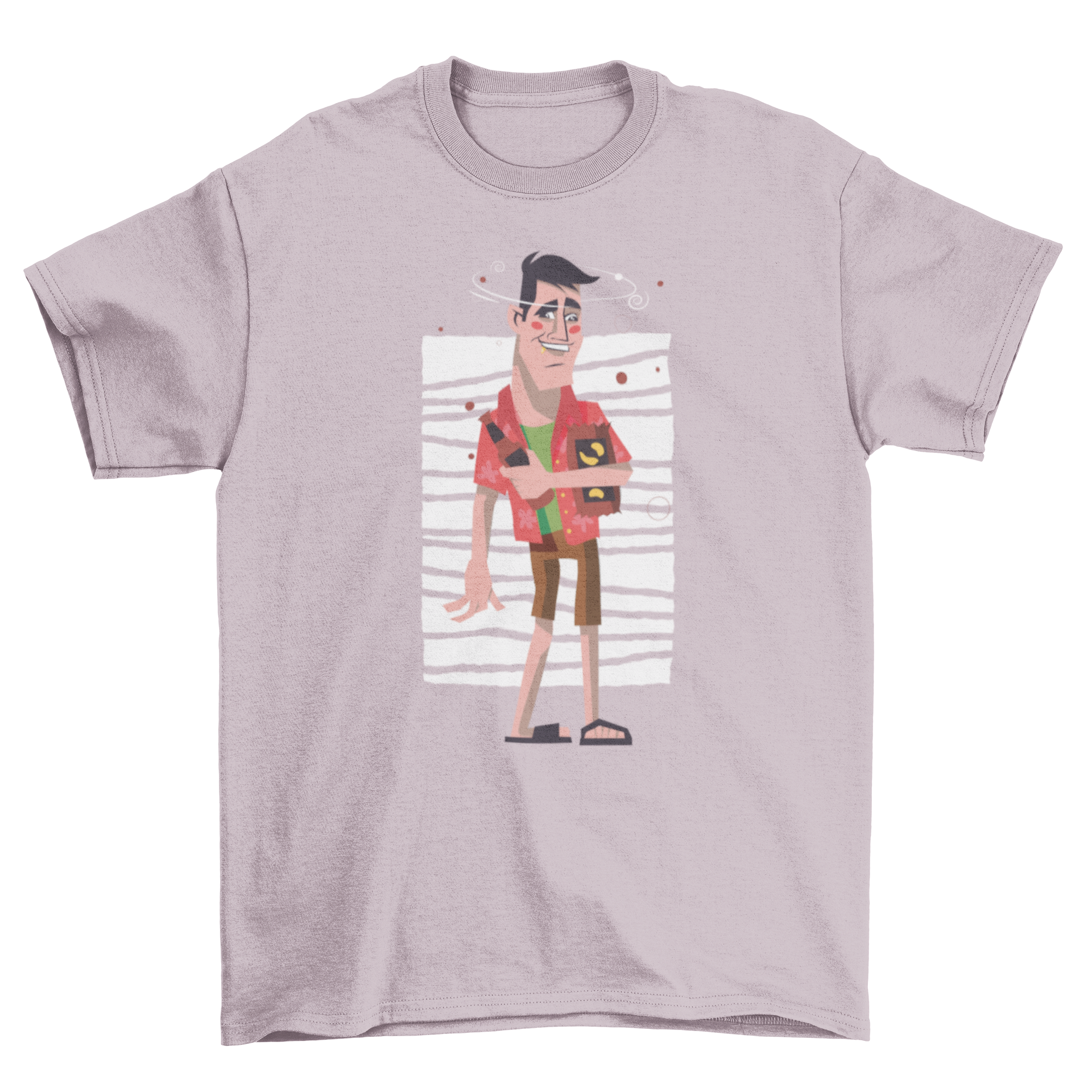 A humorous t-shirt featuring a cartoon of a drunk man with rosy cheeks, wearing summer clothes, holding a beer bottle and a bag of chips.