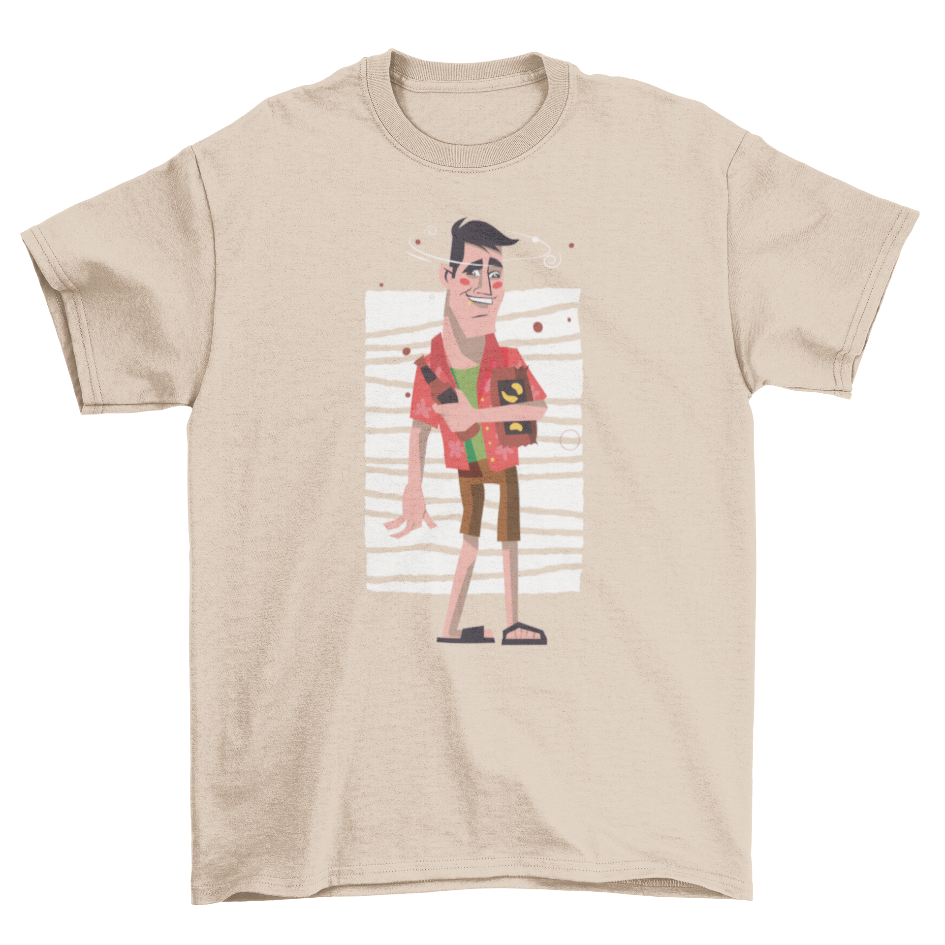 A humorous t-shirt featuring a cartoon of a drunk man with rosy cheeks, wearing summer clothes, holding a beer bottle and a bag of chips.