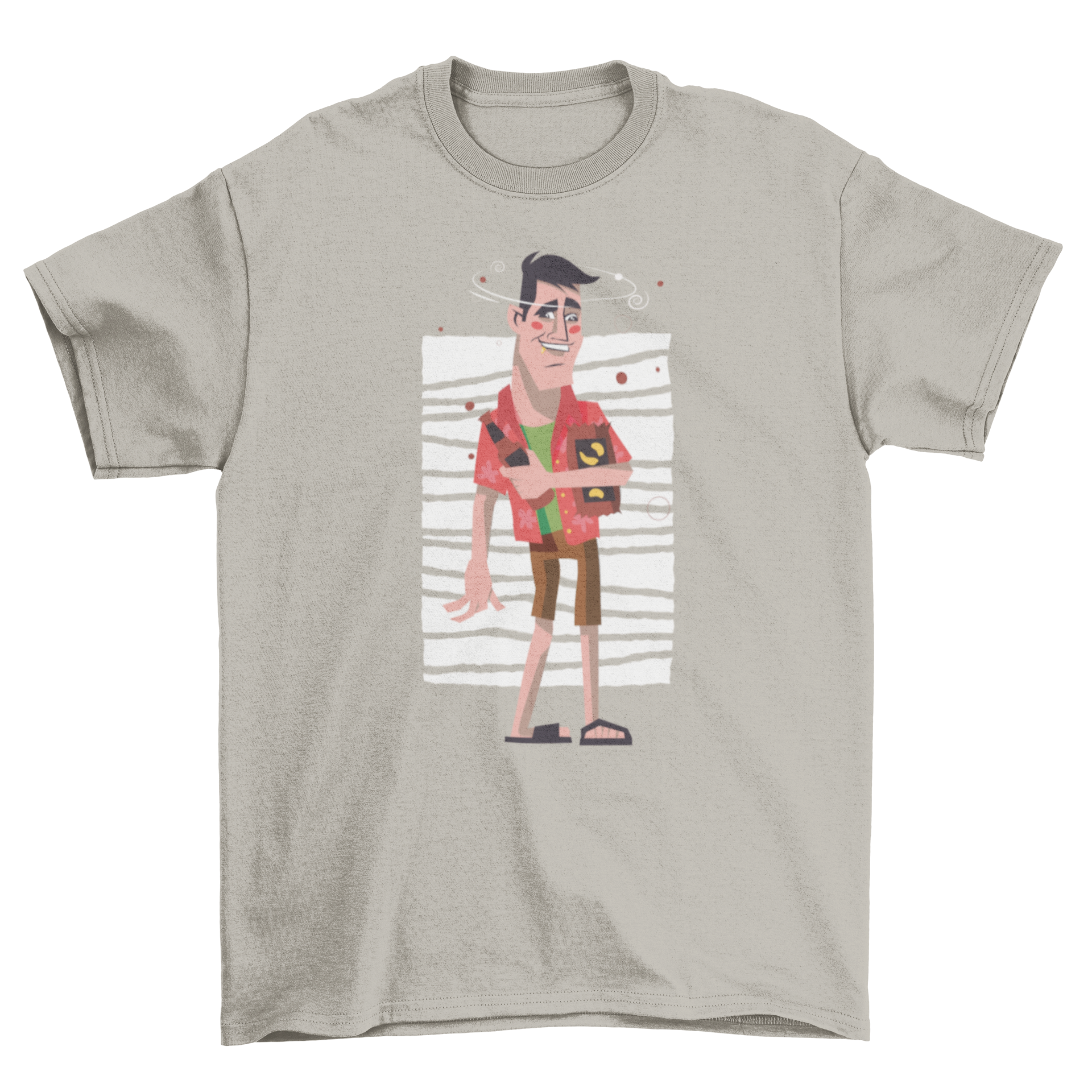 A humorous t-shirt featuring a cartoon of a drunk man with rosy cheeks, wearing summer clothes, holding a beer bottle and a bag of chips.