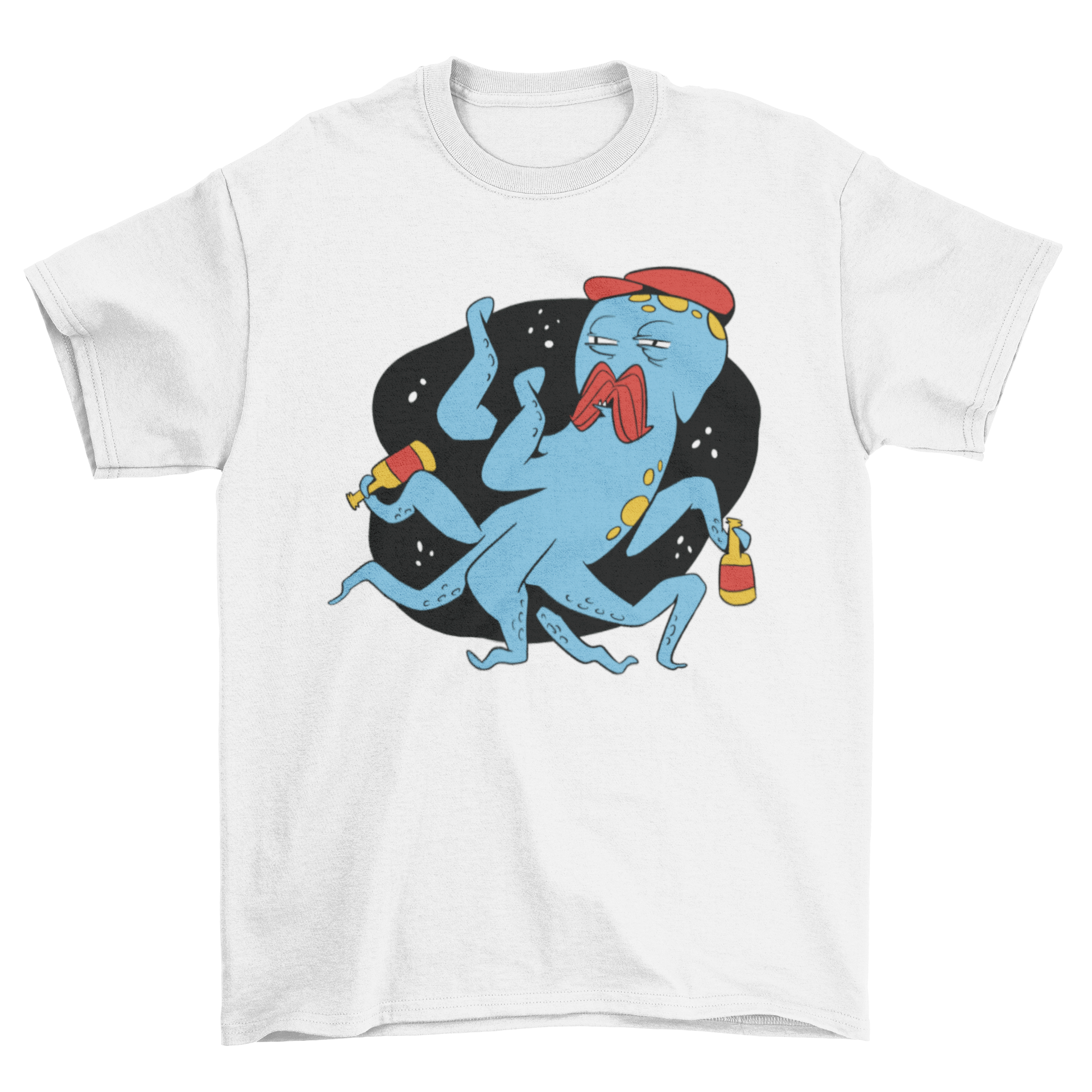 A colorful t-shirt featuring a whimsical drunk octopus design, perfect for ocean lovers.