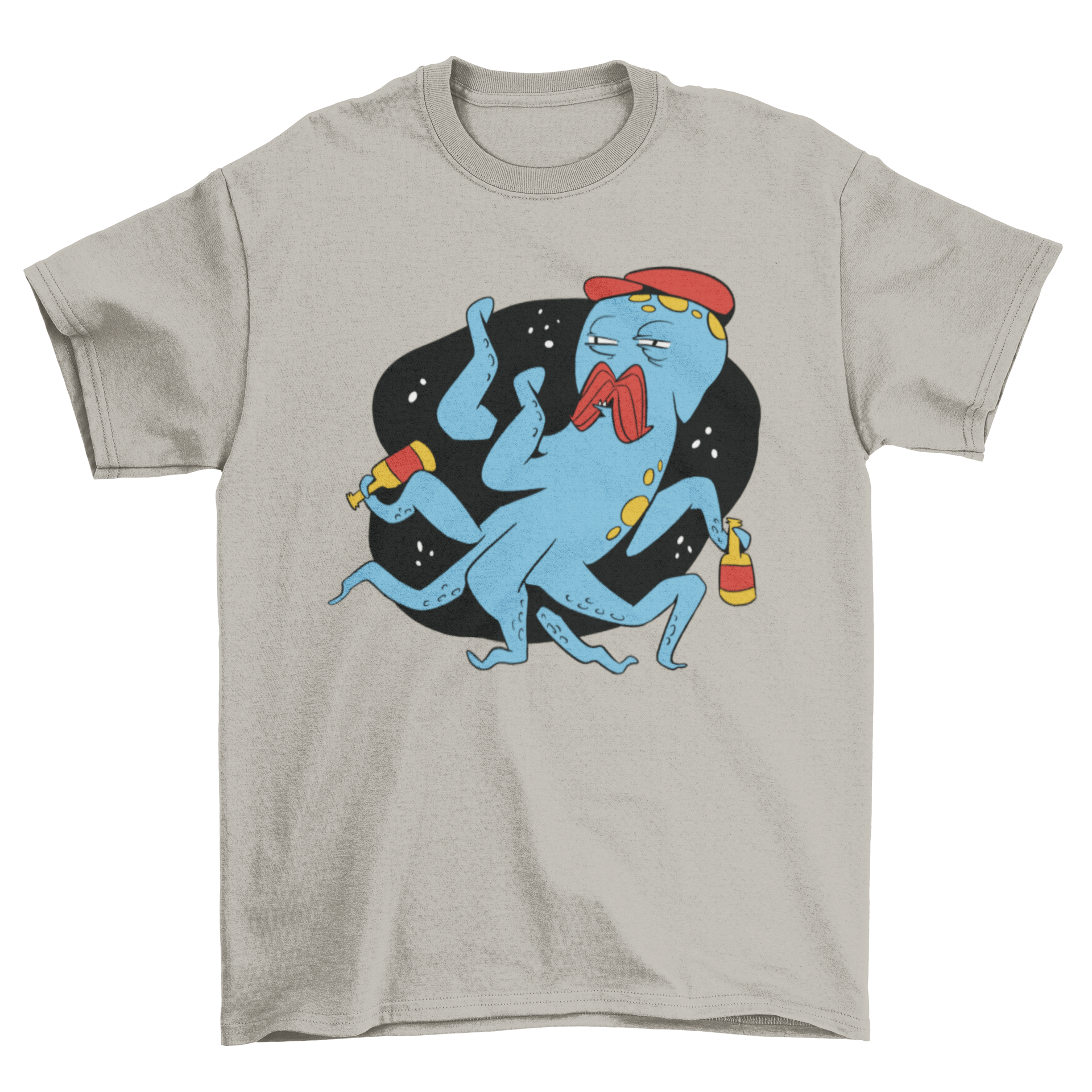 A colorful t-shirt featuring a whimsical drunk octopus design, perfect for ocean lovers.