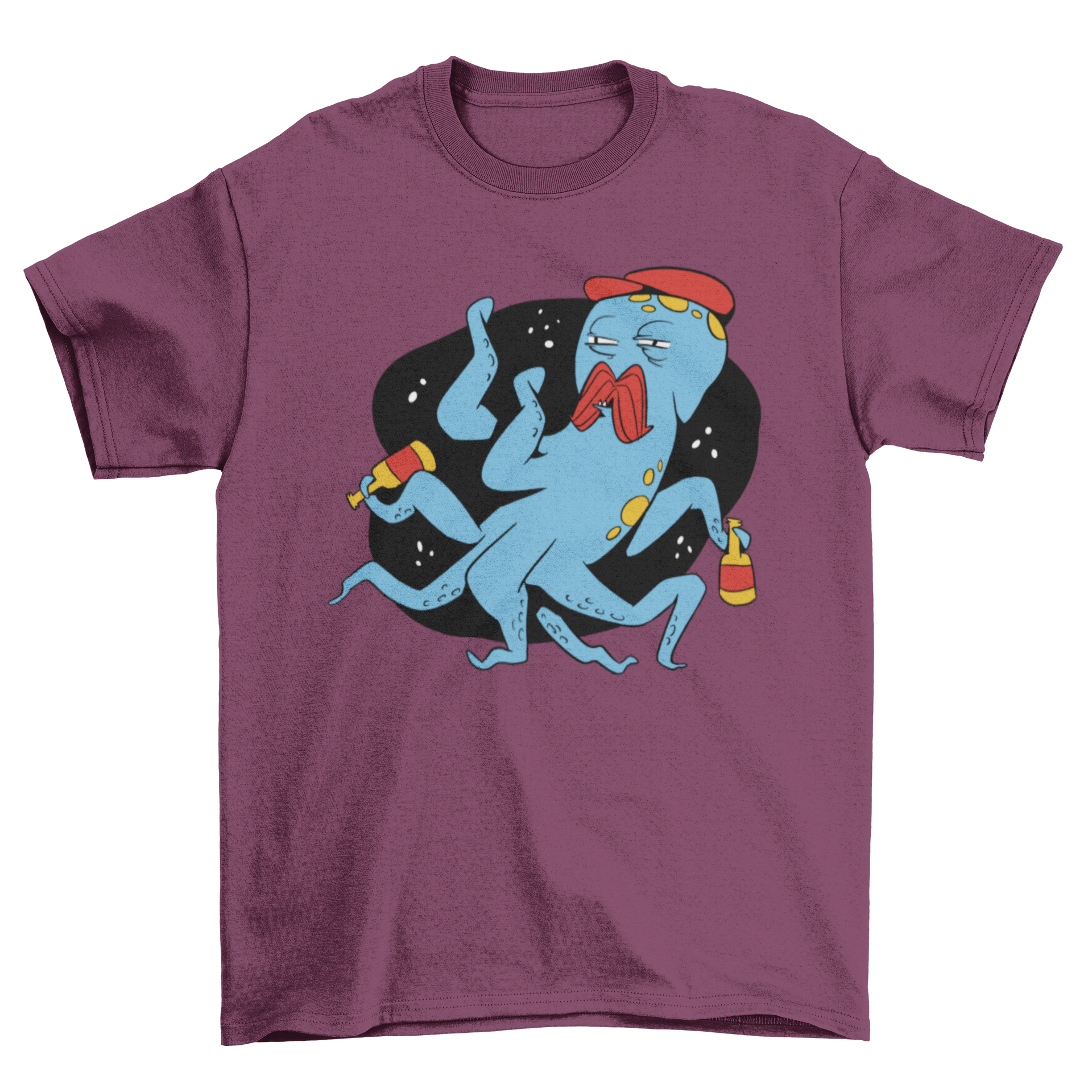 A colorful t-shirt featuring a whimsical drunk octopus design, perfect for ocean lovers.