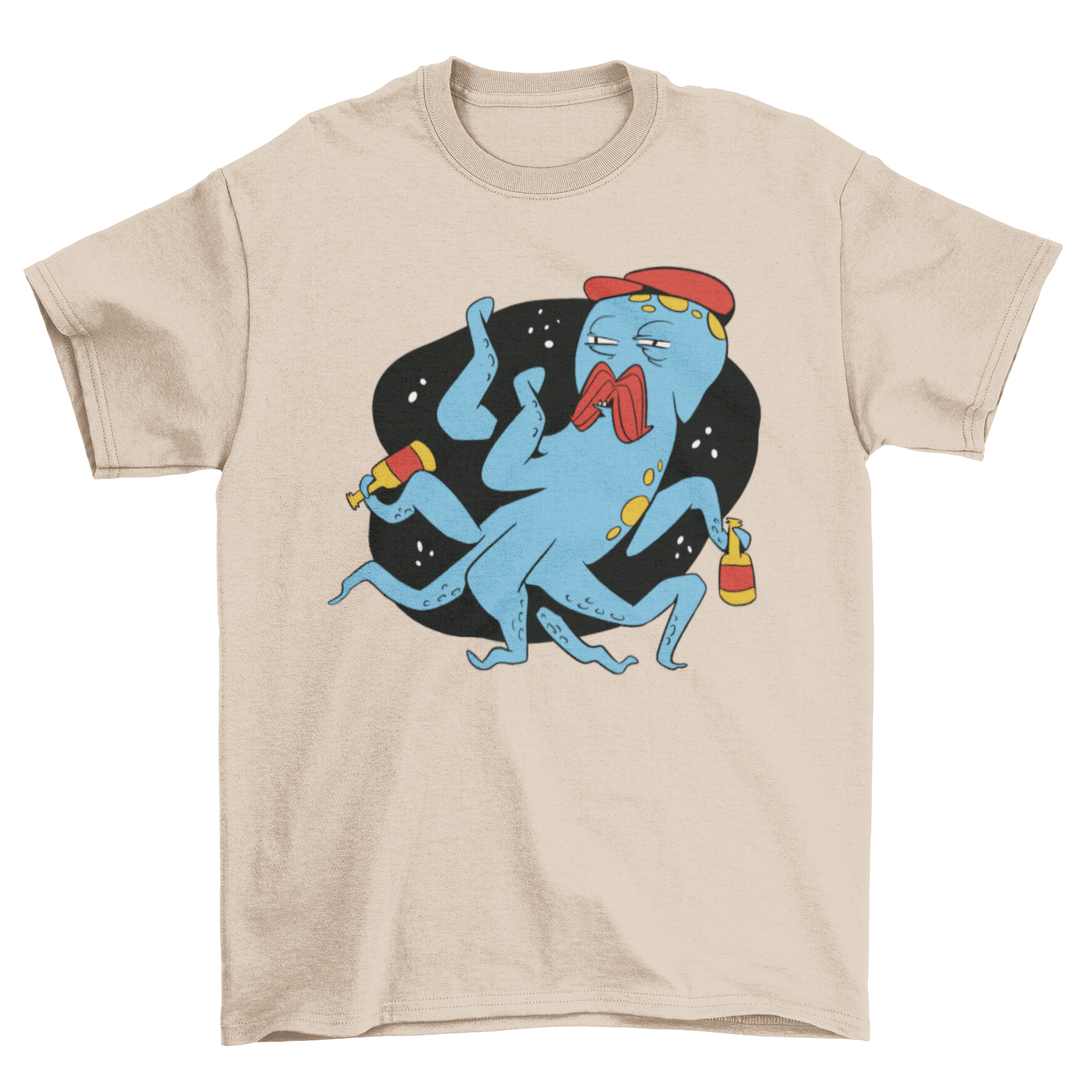 A colorful t-shirt featuring a whimsical drunk octopus design, perfect for ocean lovers.