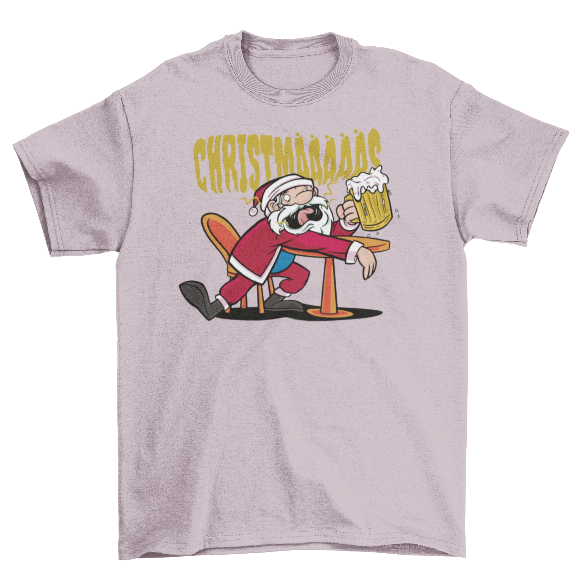 Drunk Santa Claus Christmas T-shirt featuring Santa drinking beer with the quote 'Christmas'.