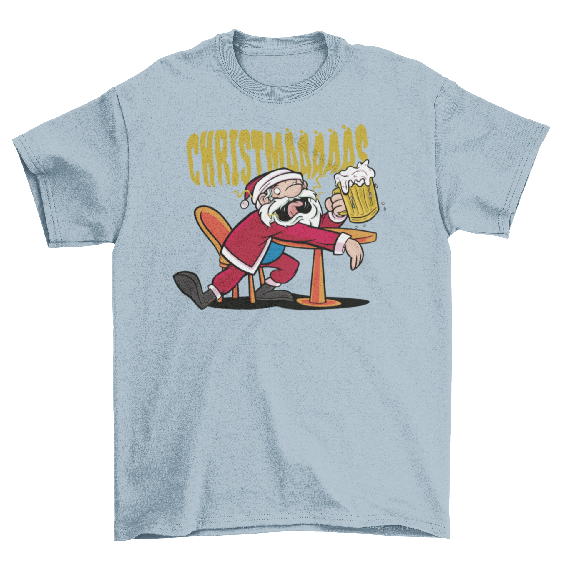 Drunk Santa Claus Christmas T-shirt featuring Santa drinking beer with the quote 'Christmas'.