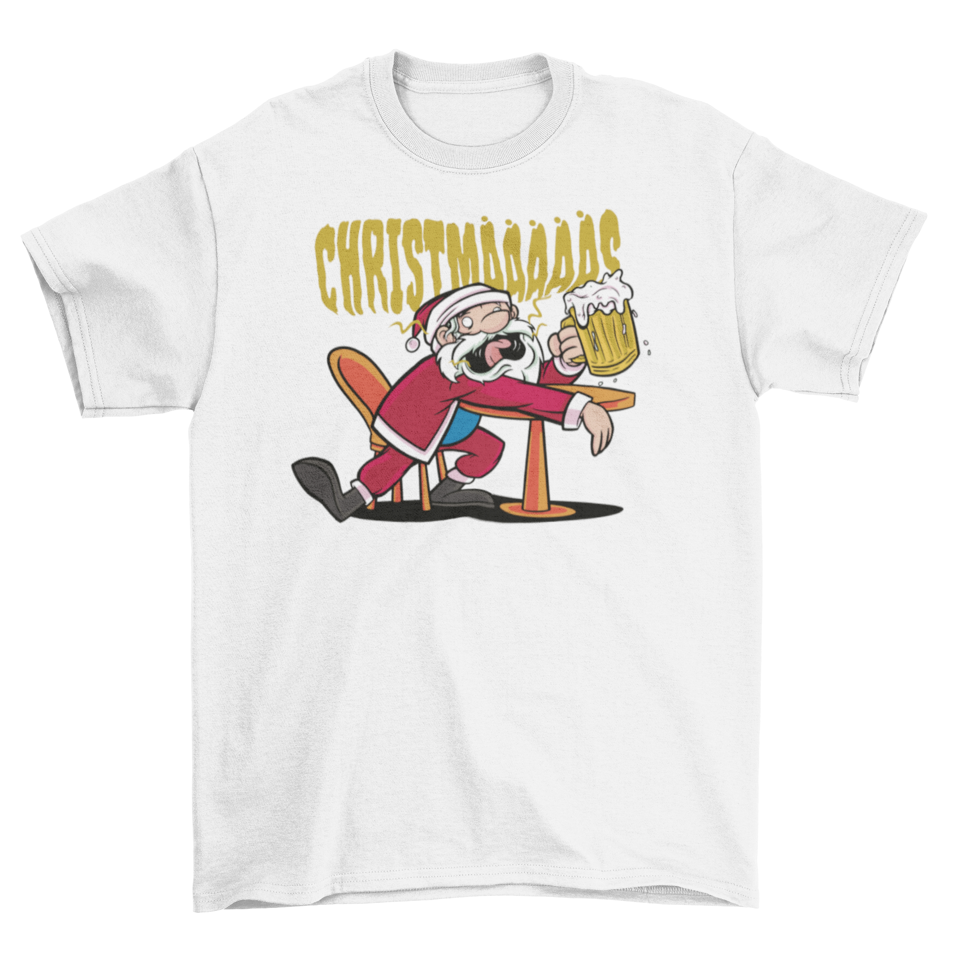 Drunk Santa Claus Christmas T-shirt featuring Santa drinking beer with the quote 'Christmas'.