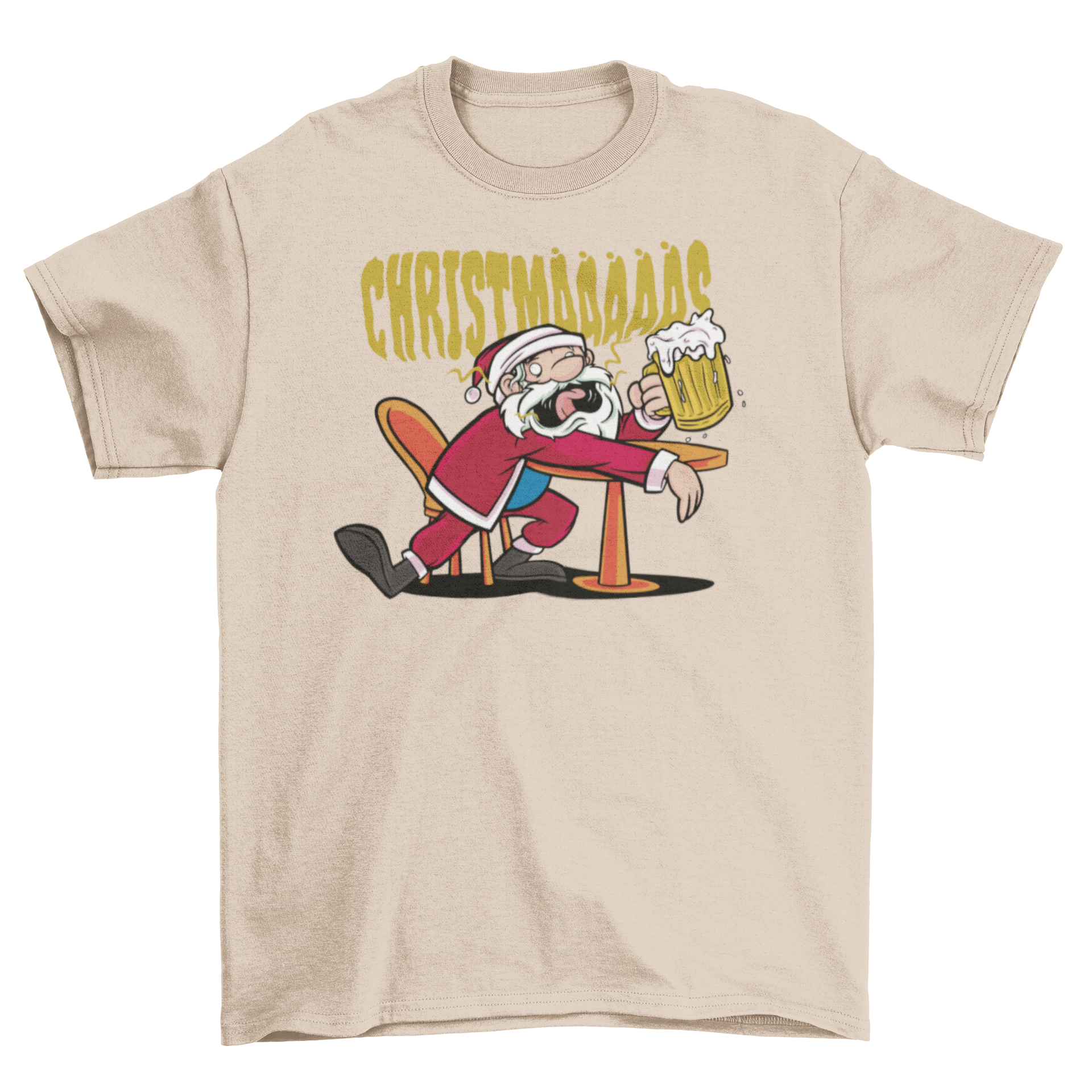 Drunk Santa Claus Christmas T-shirt featuring Santa drinking beer with the quote 'Christmas'.