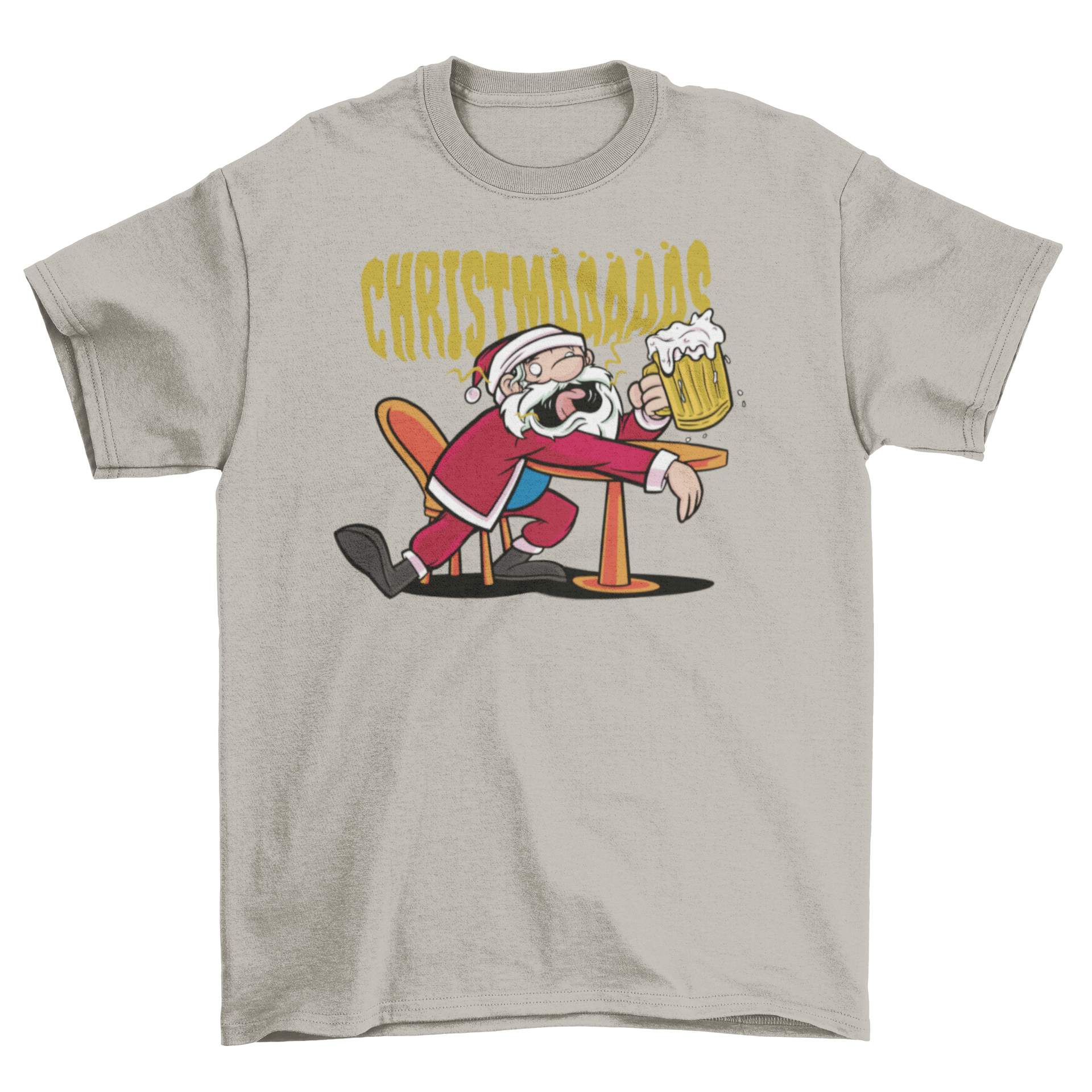 Drunk Santa Claus Christmas T-shirt featuring Santa drinking beer with the quote 'Christmas'.