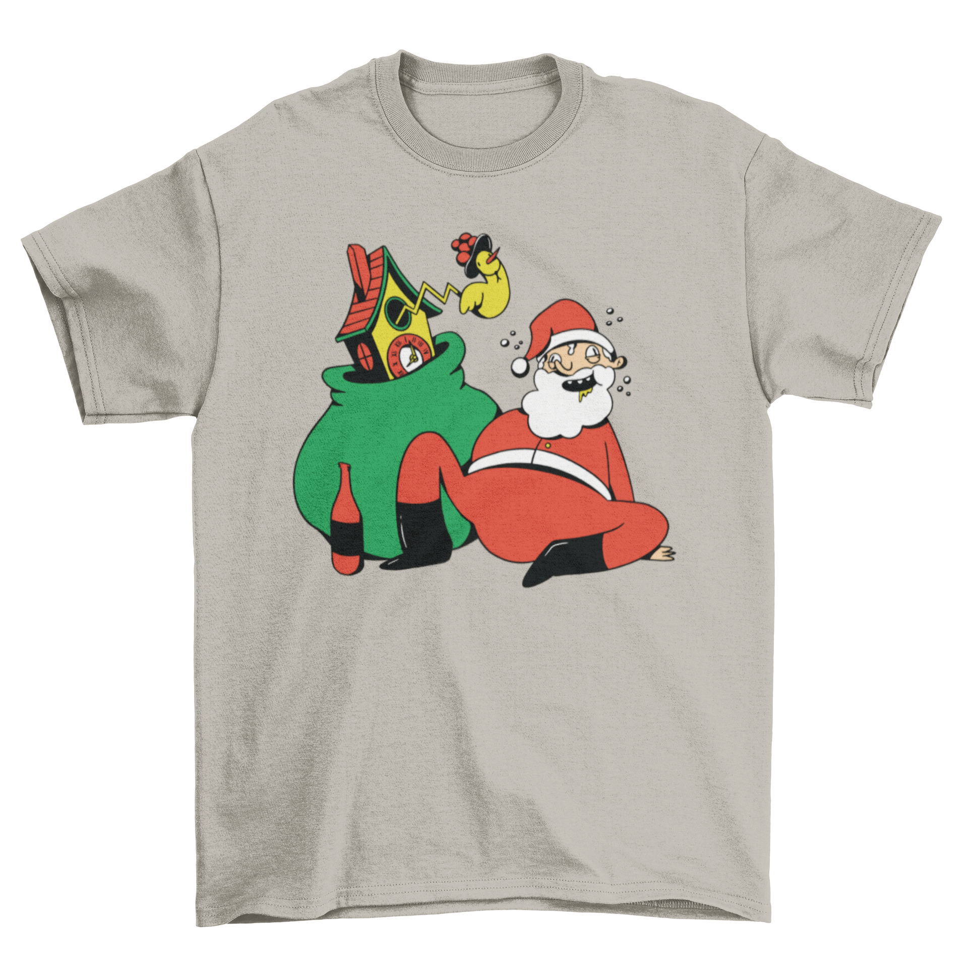 A humorous t-shirt featuring a cartoon illustration of a drunk Santa Claus, perfect for holiday celebrations.