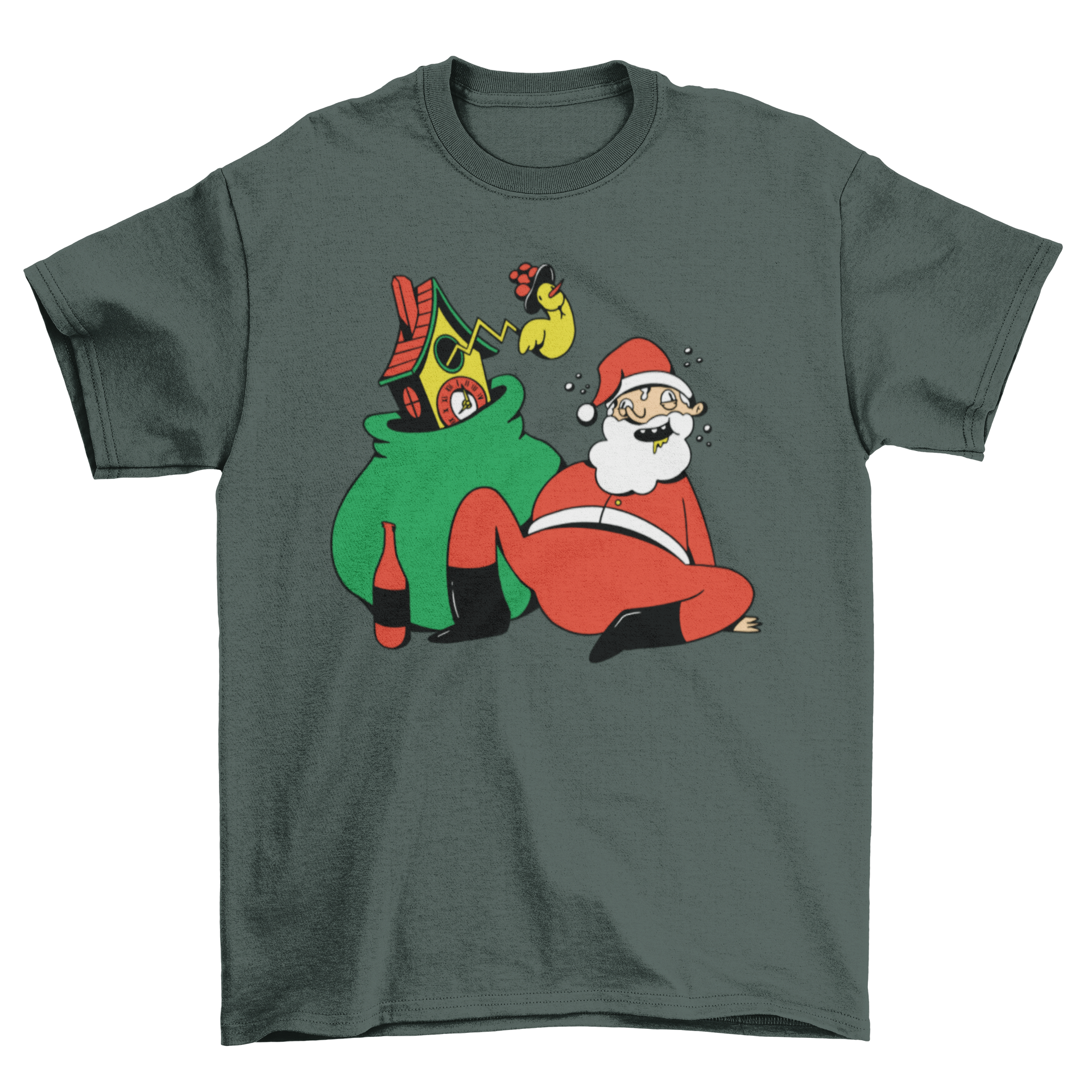 A humorous t-shirt featuring a cartoon illustration of a drunk Santa Claus, perfect for holiday celebrations.