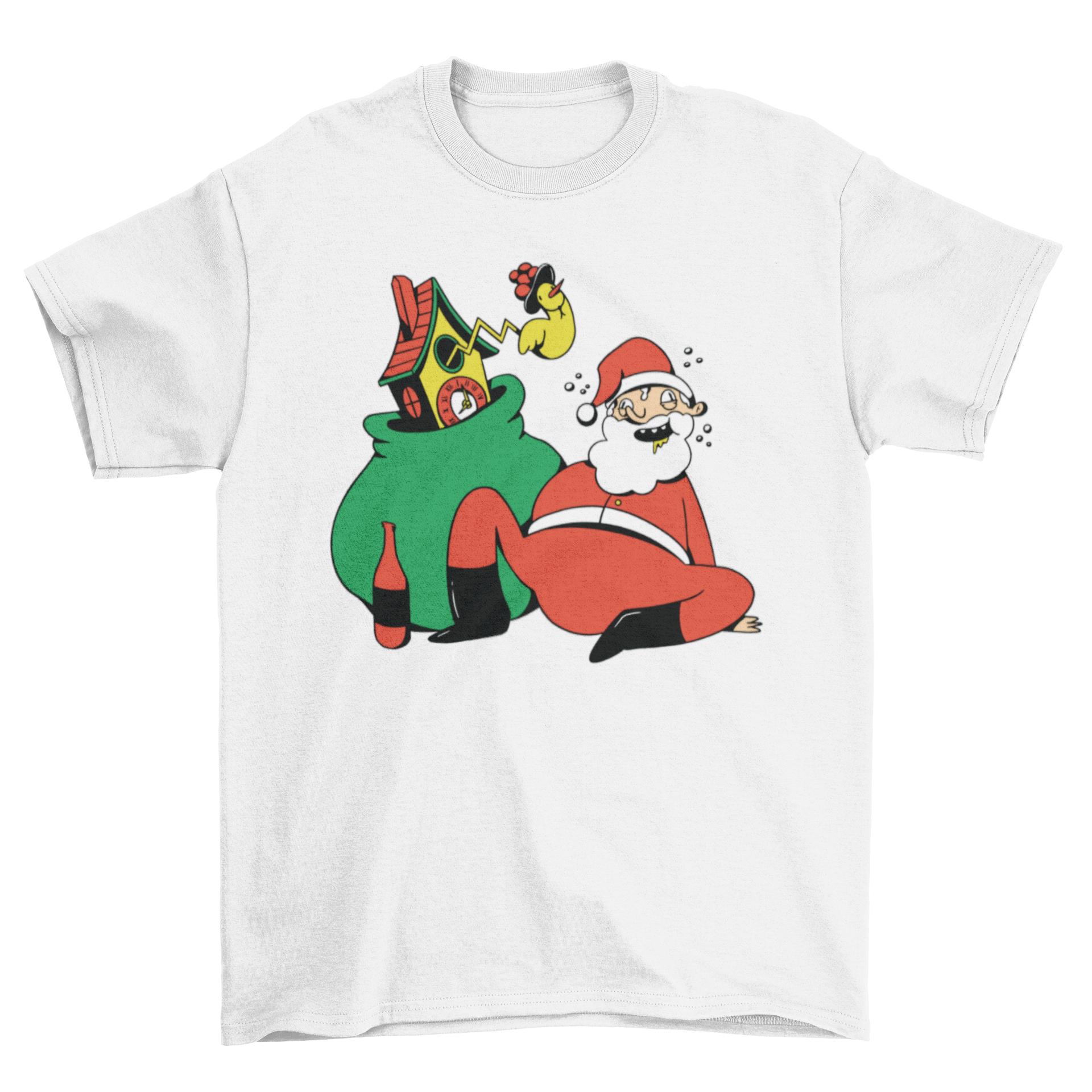 A humorous t-shirt featuring a cartoon illustration of a drunk Santa Claus, perfect for holiday celebrations.