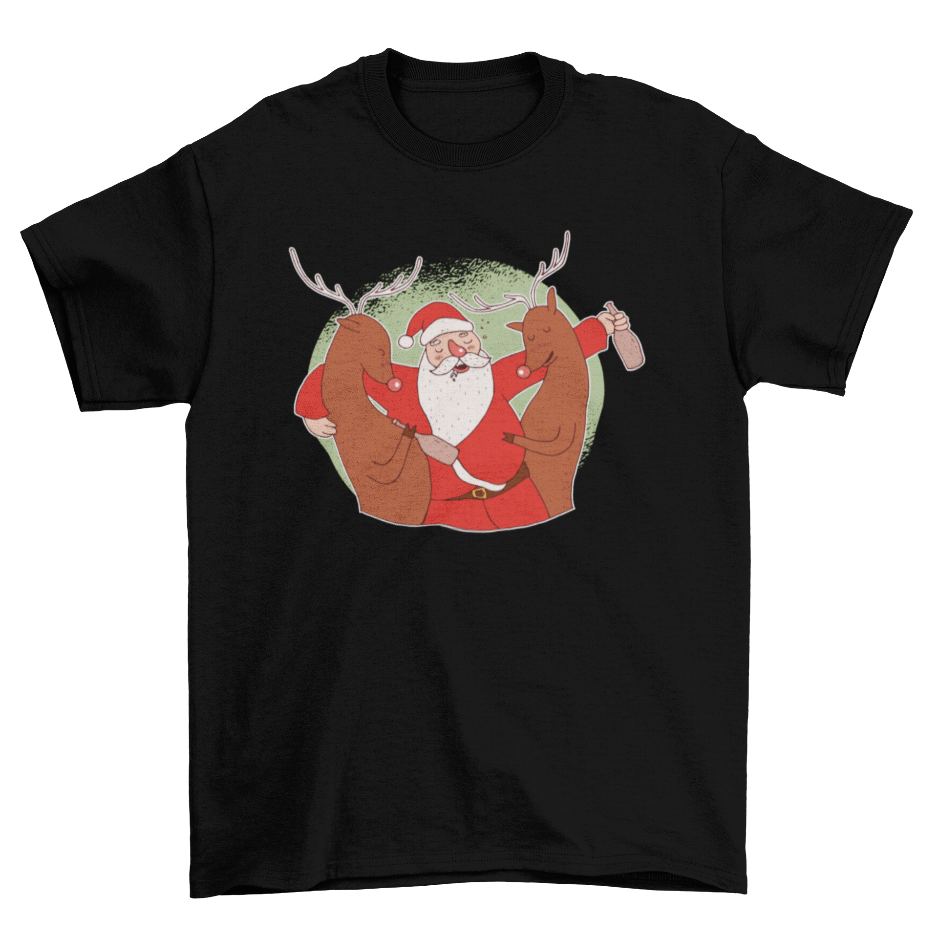 Drunk Santa T-Shirt featuring Santa Claus enjoying a drink with two reindeer, perfect for holiday celebrations.