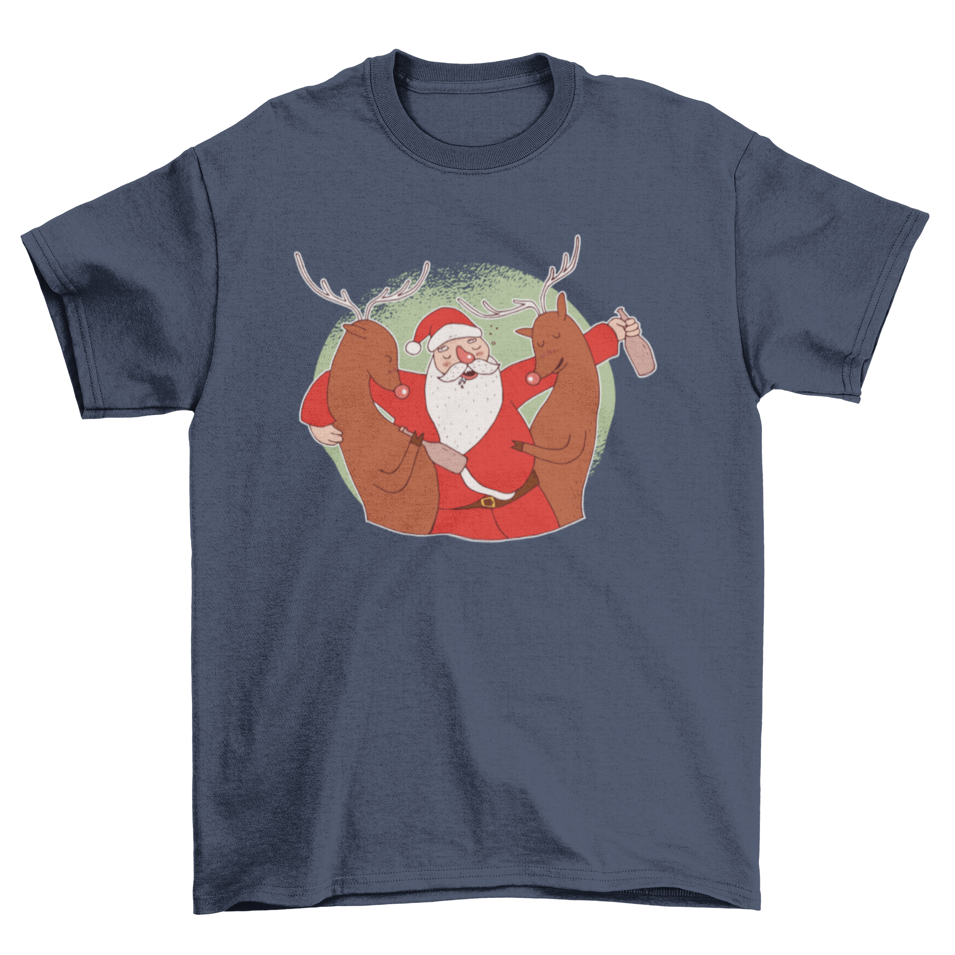 Drunk Santa T-Shirt featuring Santa Claus enjoying a drink with two reindeer, perfect for holiday celebrations.