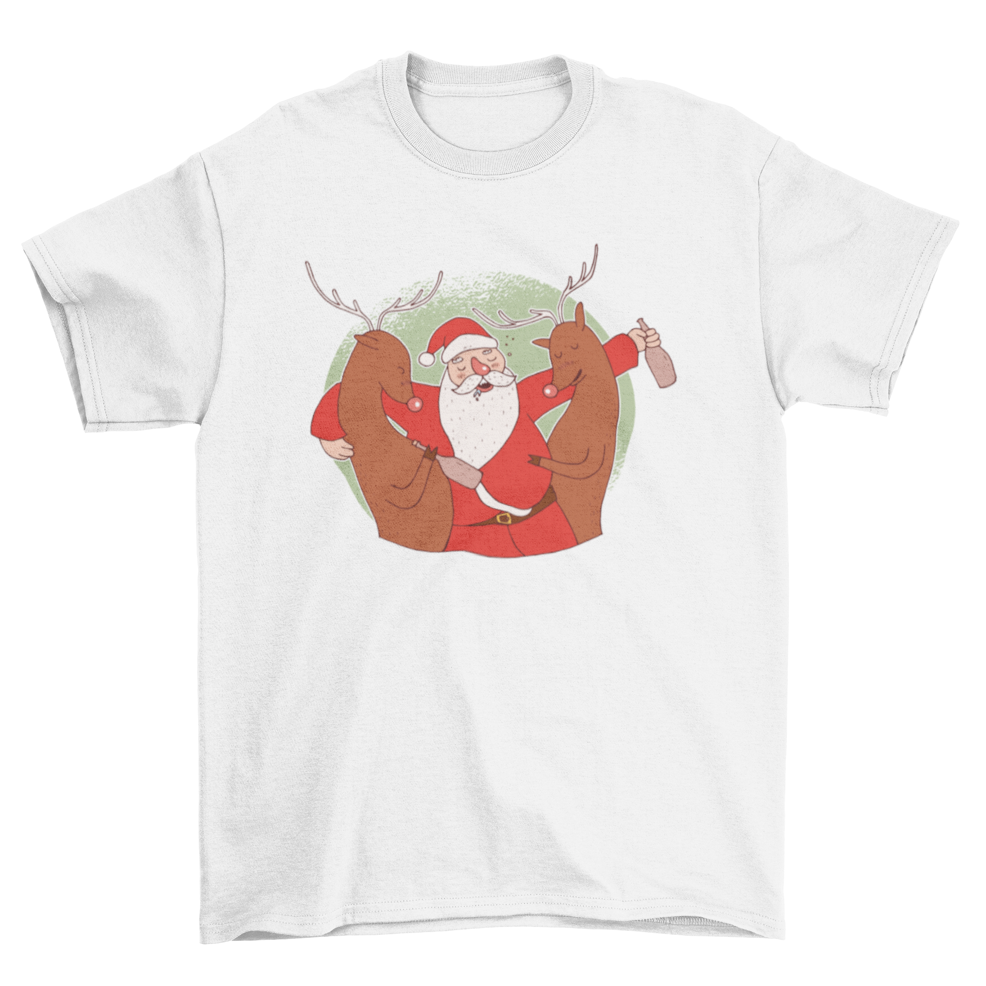 Drunk Santa T-Shirt featuring Santa Claus enjoying a drink with two reindeer, perfect for holiday celebrations.