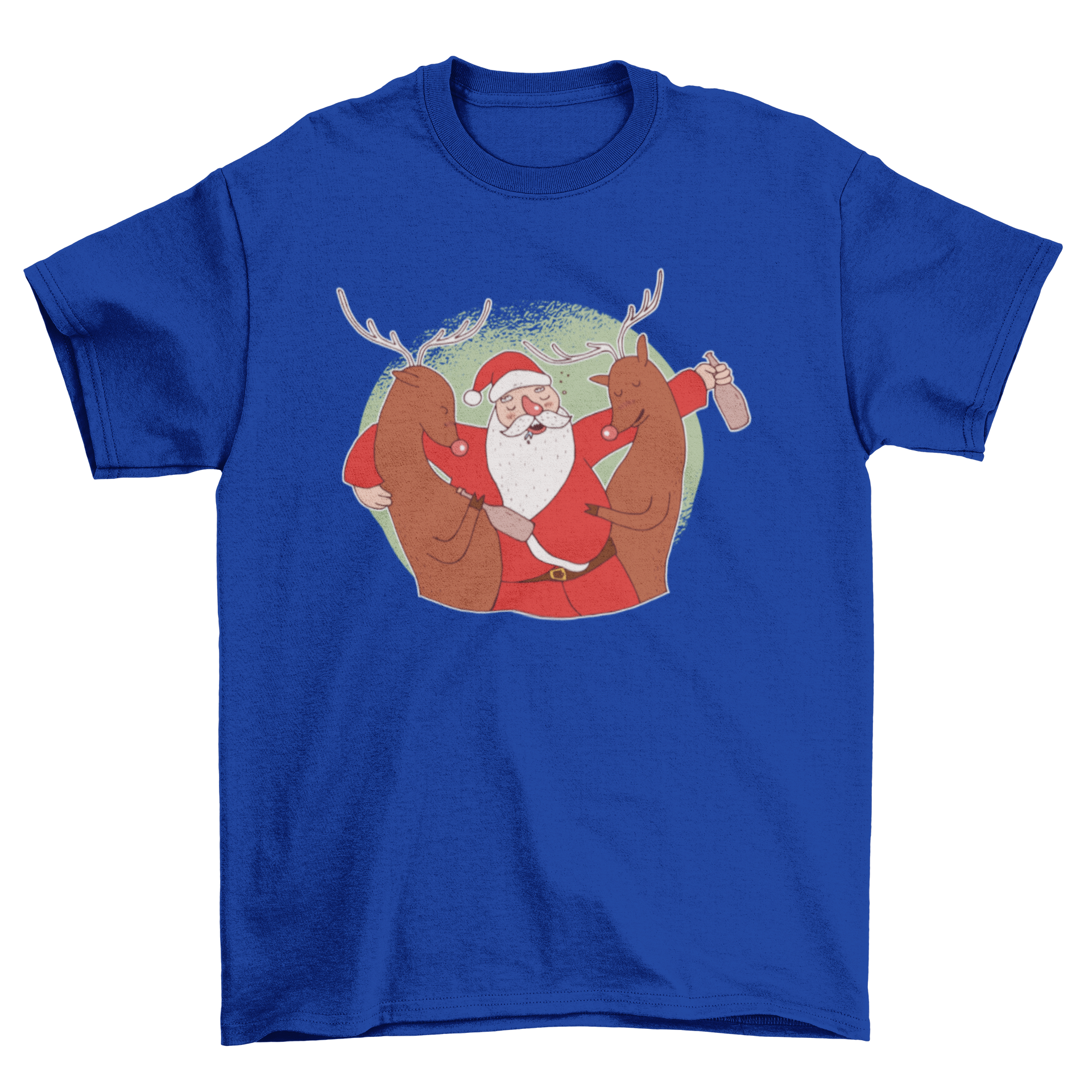 Drunk Santa T-Shirt featuring Santa Claus enjoying a drink with two reindeer, perfect for holiday celebrations.