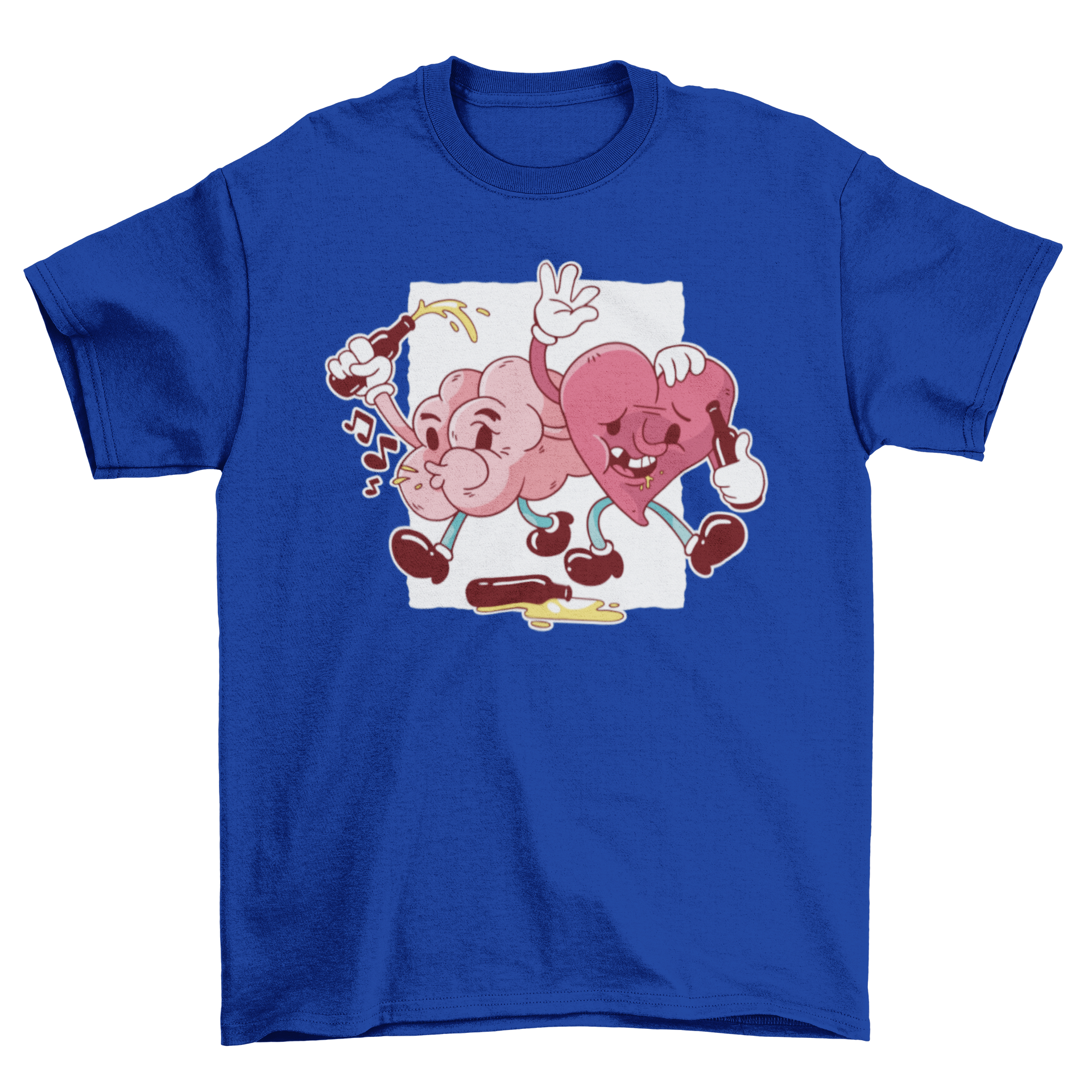 A colorful T-shirt featuring a cartoon brain and heart, both appearing drunk and cheerful.