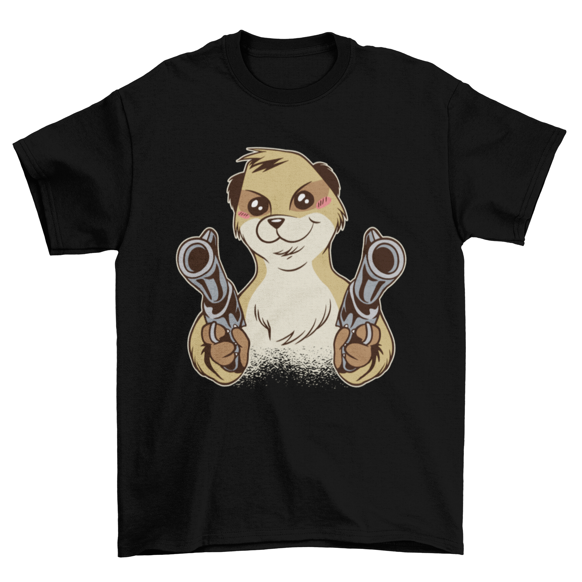 A playful t-shirt featuring a meerkat dual wielding guns, showcasing a fun and quirky design.