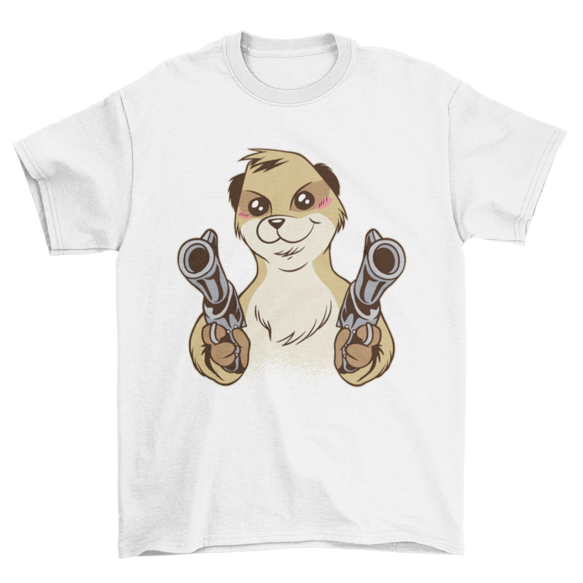 A playful t-shirt featuring a meerkat dual wielding guns, showcasing a fun and quirky design.