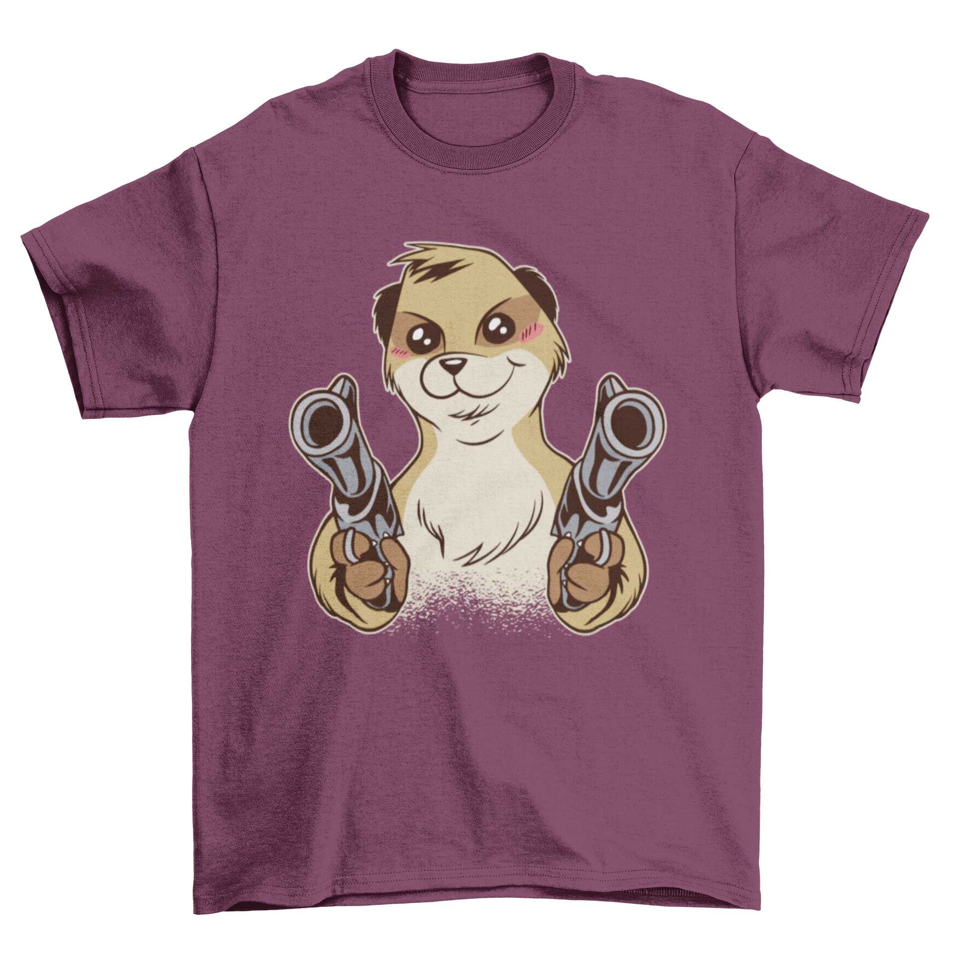 A playful t-shirt featuring a meerkat dual wielding guns, showcasing a fun and quirky design.