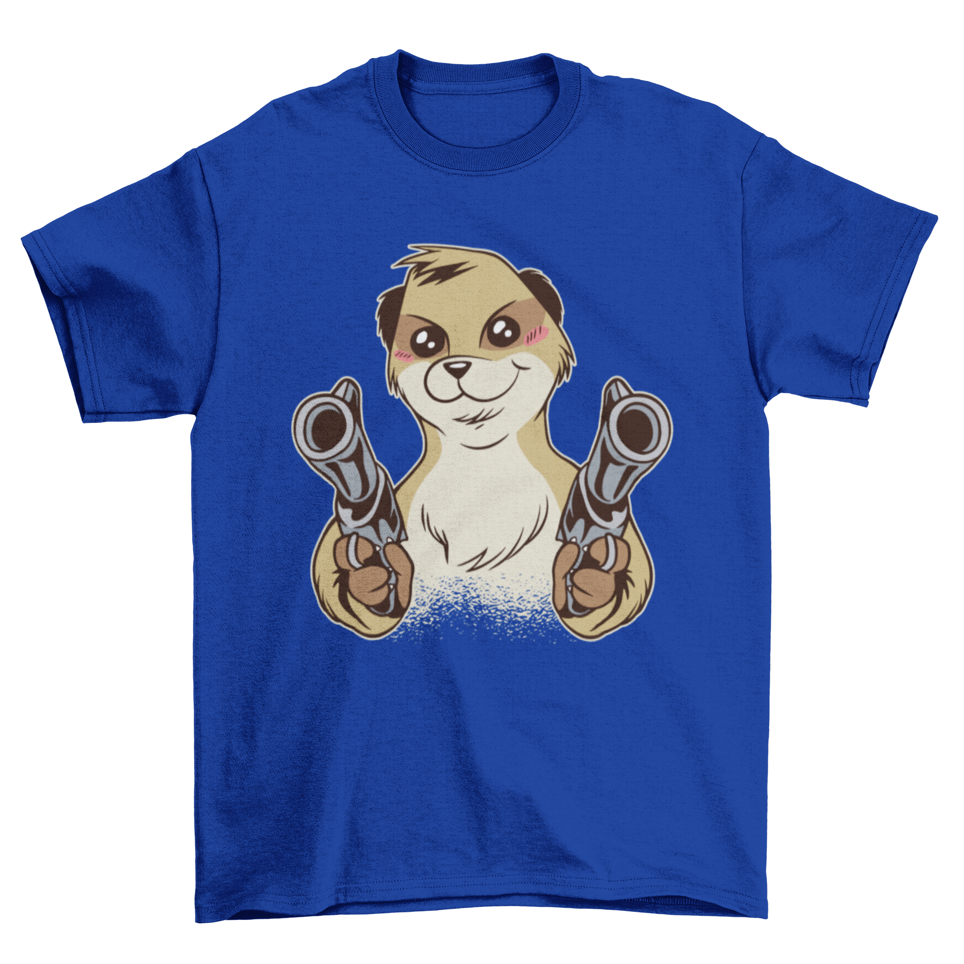 A playful t-shirt featuring a meerkat dual wielding guns, showcasing a fun and quirky design.