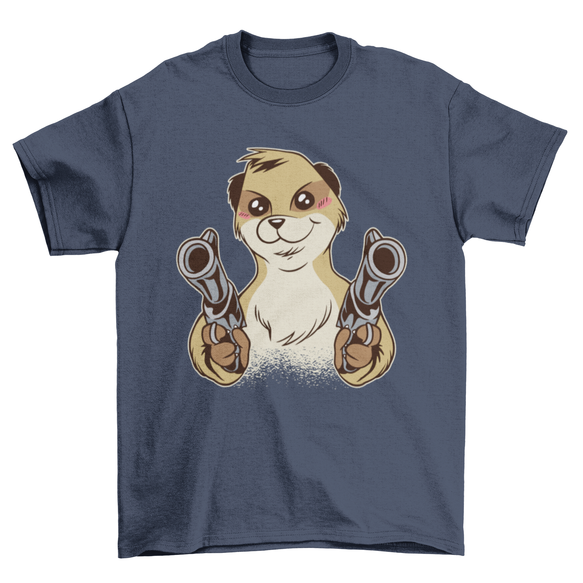 A playful t-shirt featuring a meerkat dual wielding guns, showcasing a fun and quirky design.