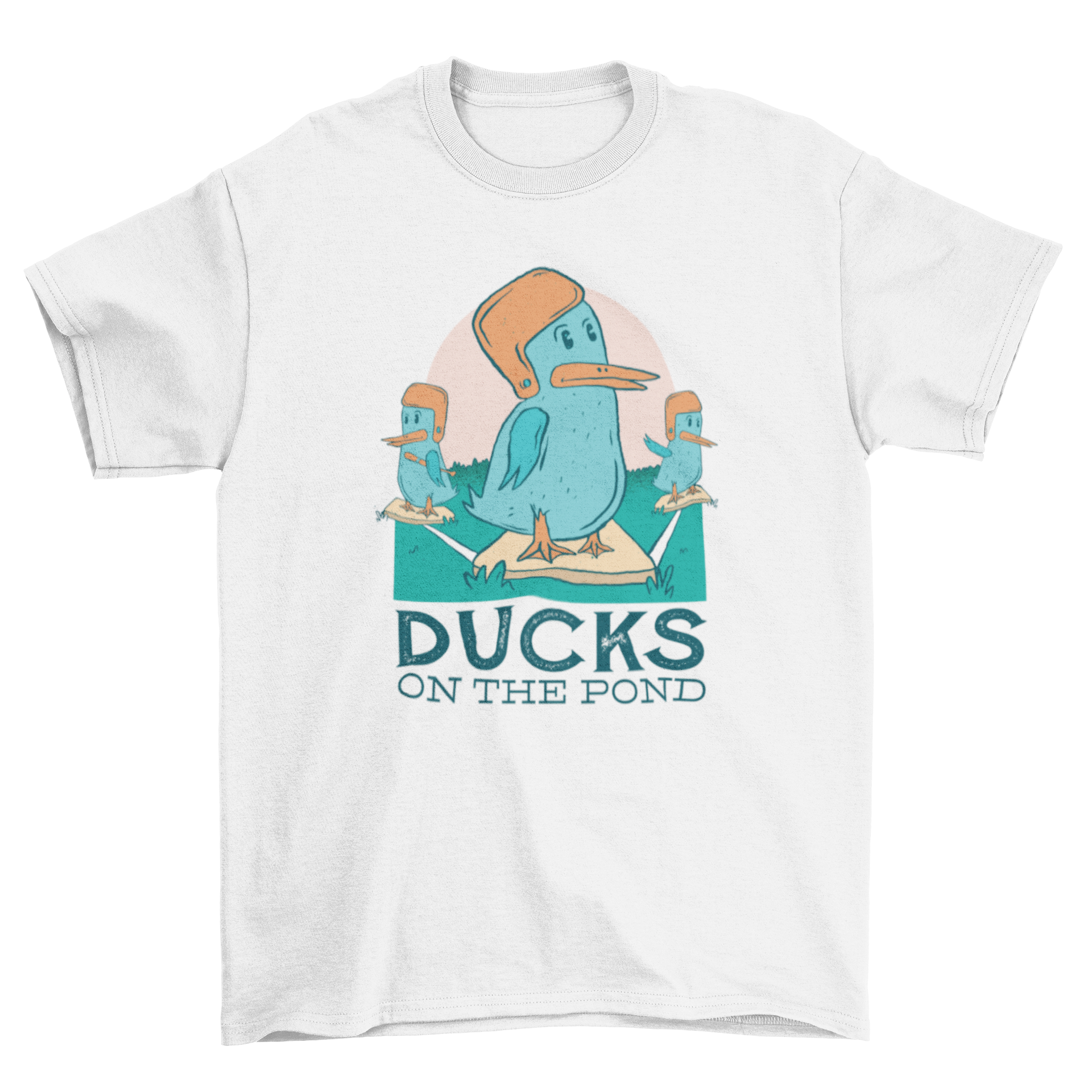 Duck Baseball T-shirt featuring a humorous illustration of ducks on a baseball field with the quote 'DUCKS ON THE POND'.