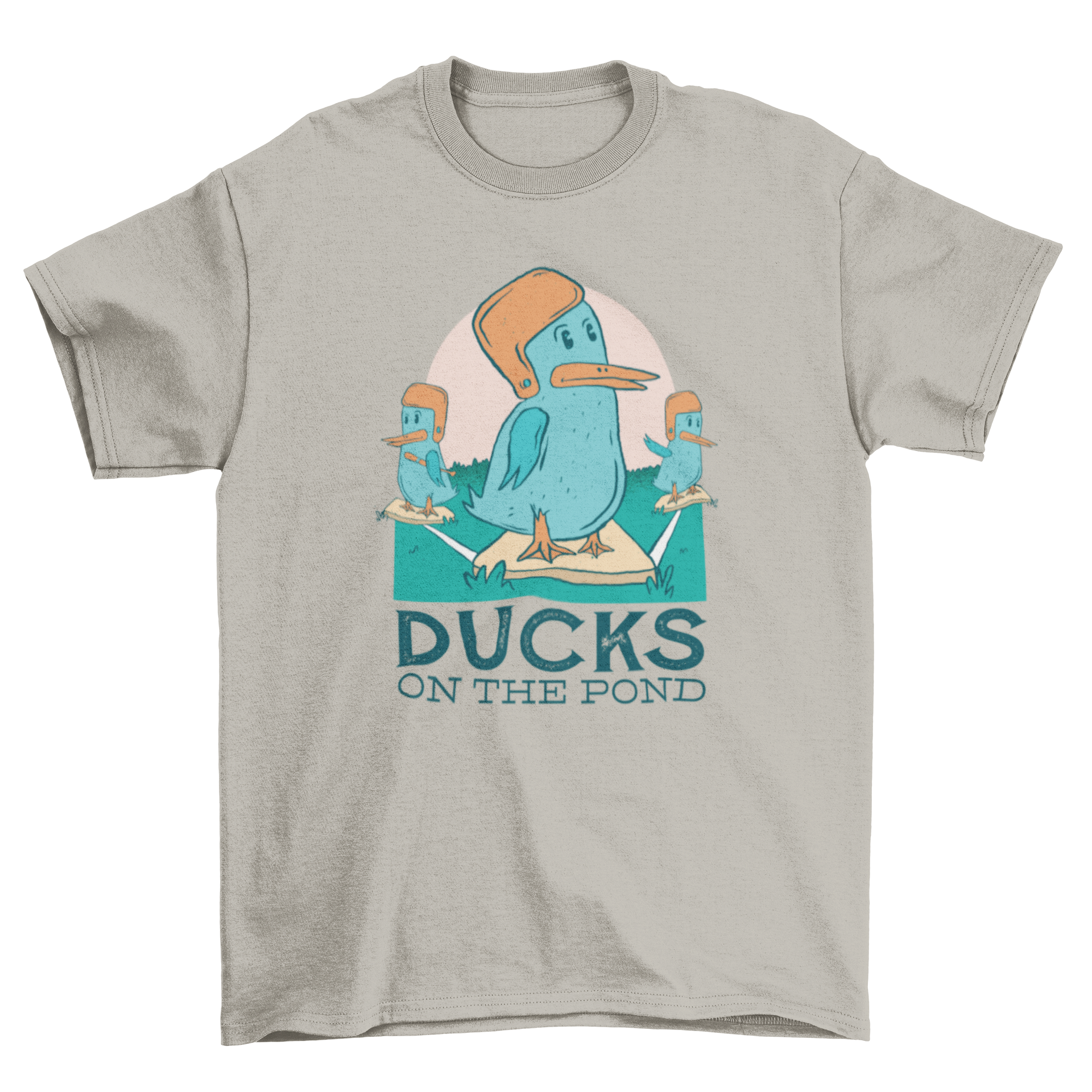 Duck Baseball T-shirt featuring a humorous illustration of ducks on a baseball field with the quote 'DUCKS ON THE POND'.