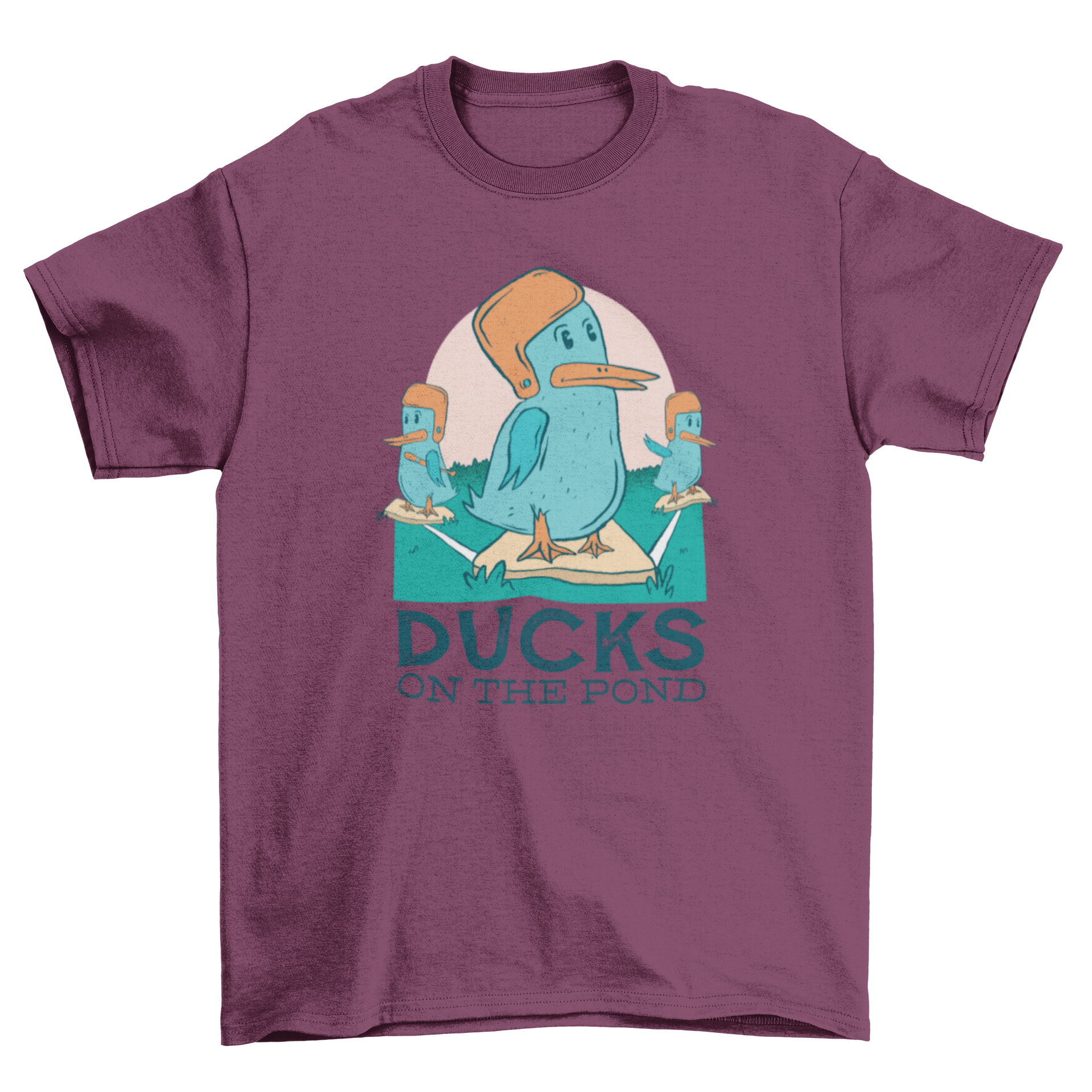 Duck Baseball T-shirt featuring a humorous illustration of ducks on a baseball field with the quote 'DUCKS ON THE POND'.