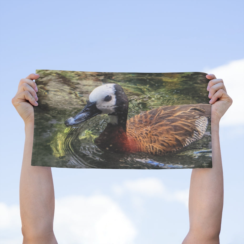 Duck Rally Towel measuring 11x18 inches, featuring a soft cotton and mink polyester design, ideal for personalization and versatile use.