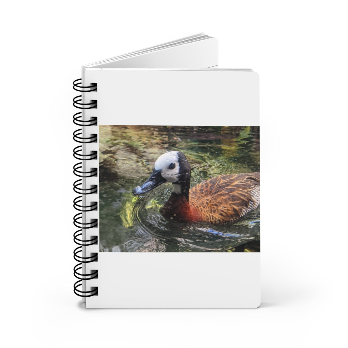 Duck Spiral Bound Journal with glossy laminated cover and lined pages, perfect for writing and personalization.