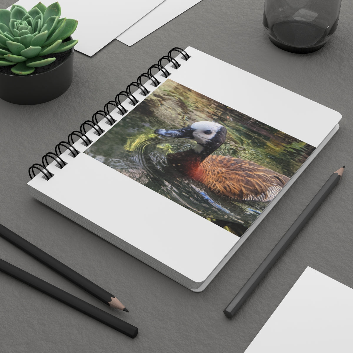 Duck Spiral Bound Journal with glossy laminated cover and lined pages, perfect for writing and personalization.