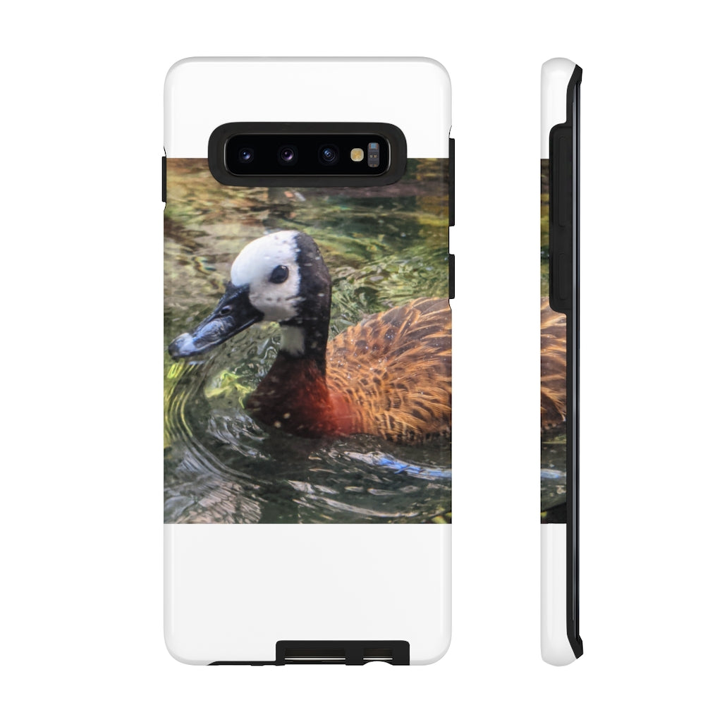 Duck Tough Cases featuring a dual-layer design with vibrant photographic prints, showcasing impact-resistant polycarbonate and TPU liner.