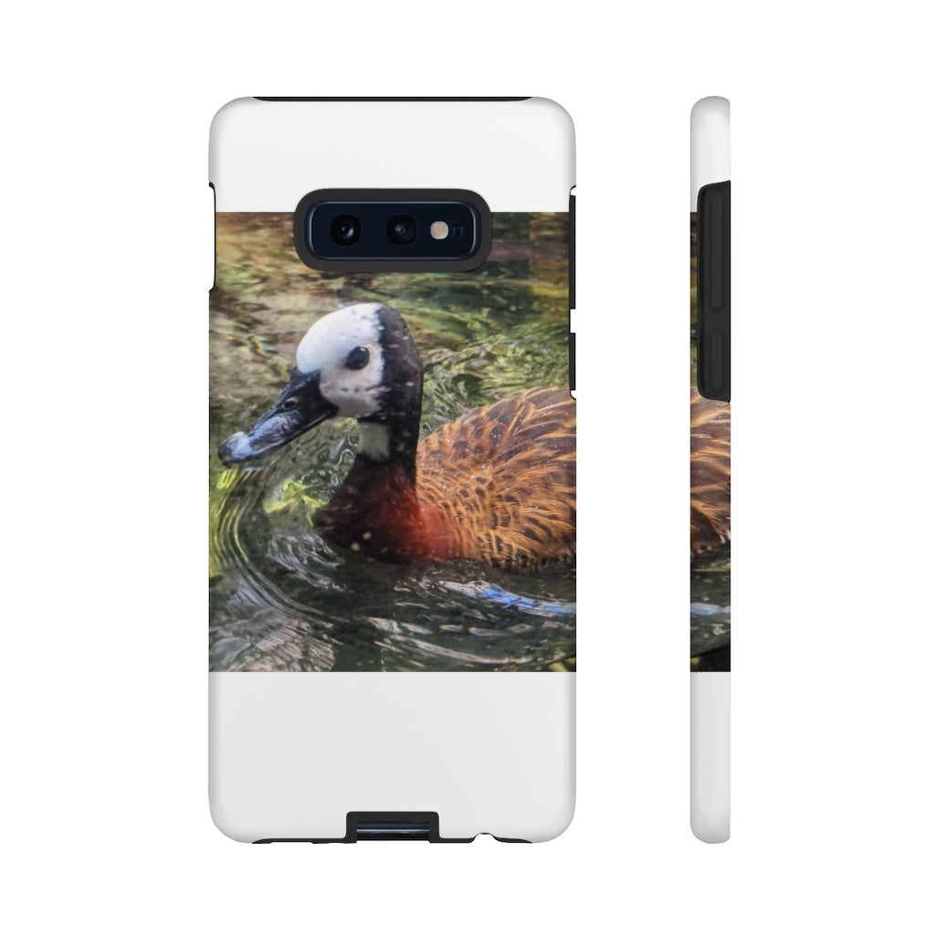 Duck Tough Cases featuring a dual-layer design with vibrant photographic prints, showcasing impact-resistant polycarbonate and TPU liner.