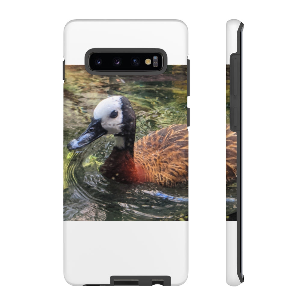 Duck Tough Cases featuring a dual-layer design with vibrant photographic prints, showcasing impact-resistant polycarbonate and TPU liner.