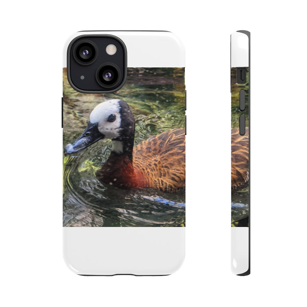 Duck Tough Cases featuring a dual-layer design with vibrant photographic prints, showcasing impact-resistant polycarbonate and TPU liner.